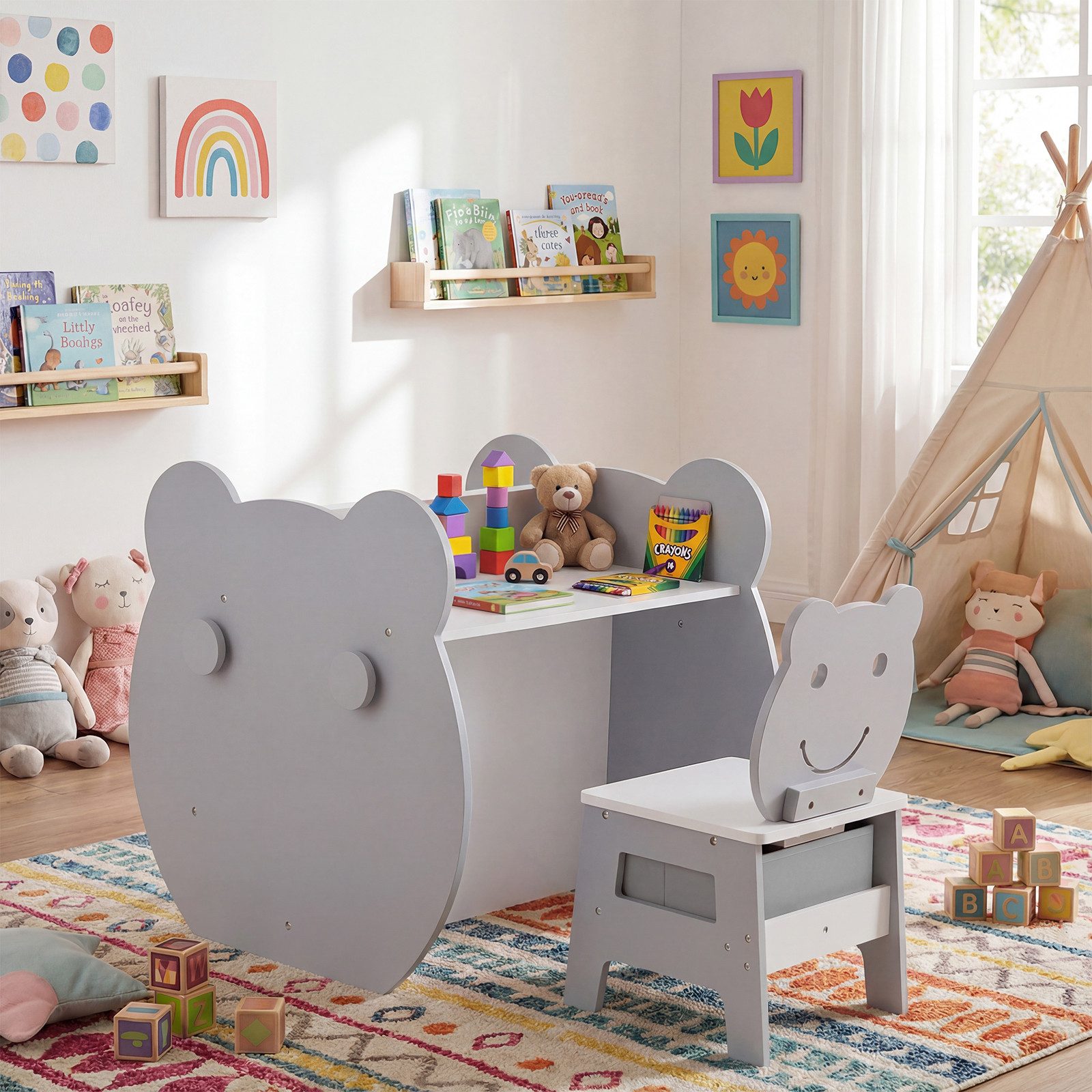 COSTWAY Kindertisch, 3 in 1 mit Stuhl in Bärenform, Maltisch mit Whiteboard