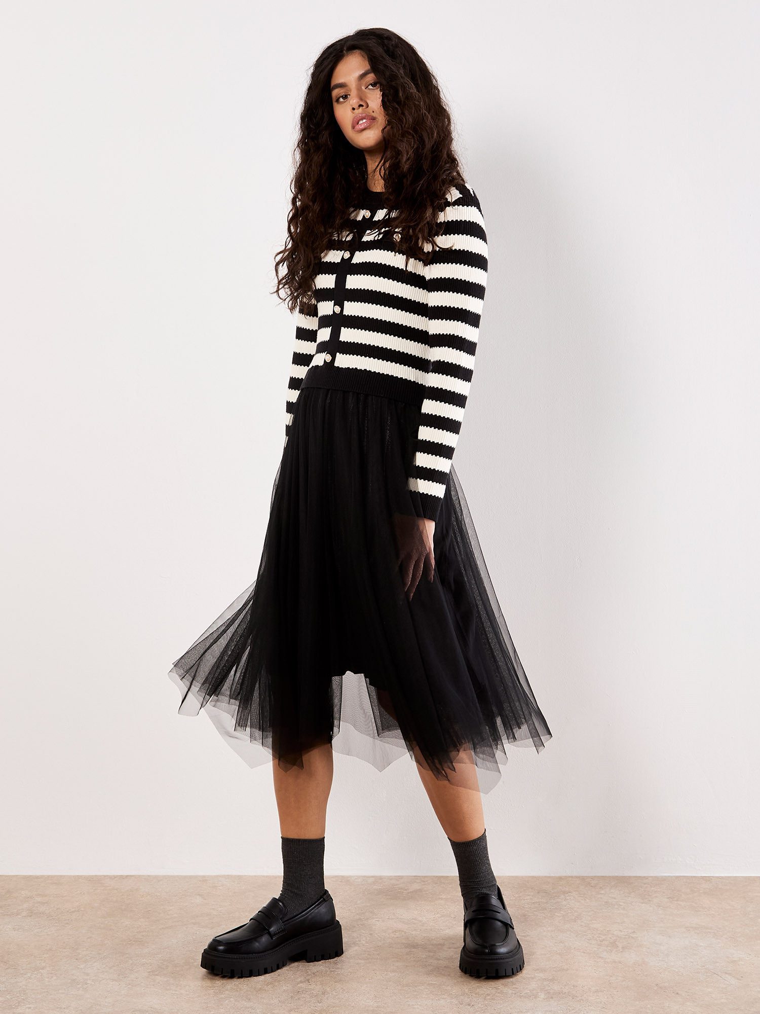 Apricot 2-in-1-Kleid Strick und Tüll Kleid in Streifenoptik günstig online kaufen