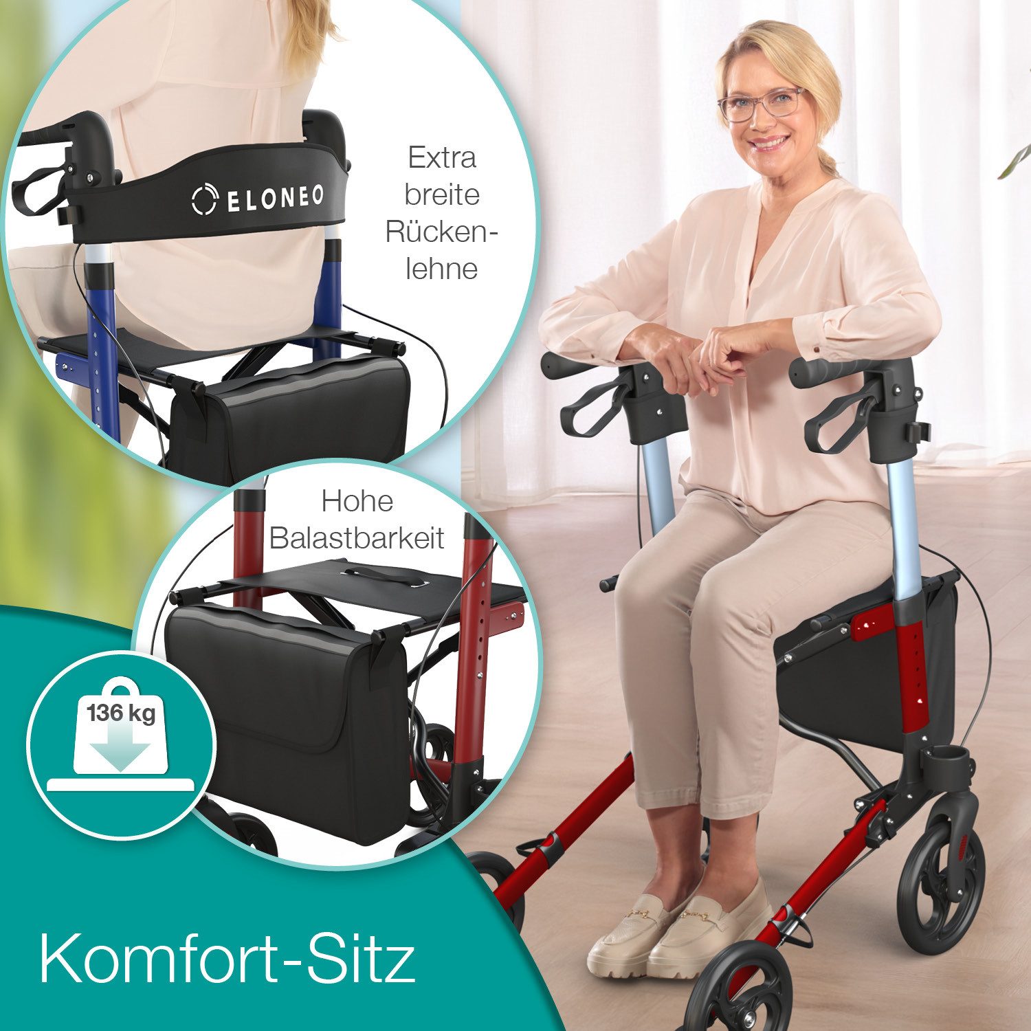 ELONEO Rollator leicht und faltbar mit Sitz, Gehhilfe 8-fach höhenverstellbar, Komfort-Sitz mit Stockhalter, Einkaufstasche & Rückengurt
