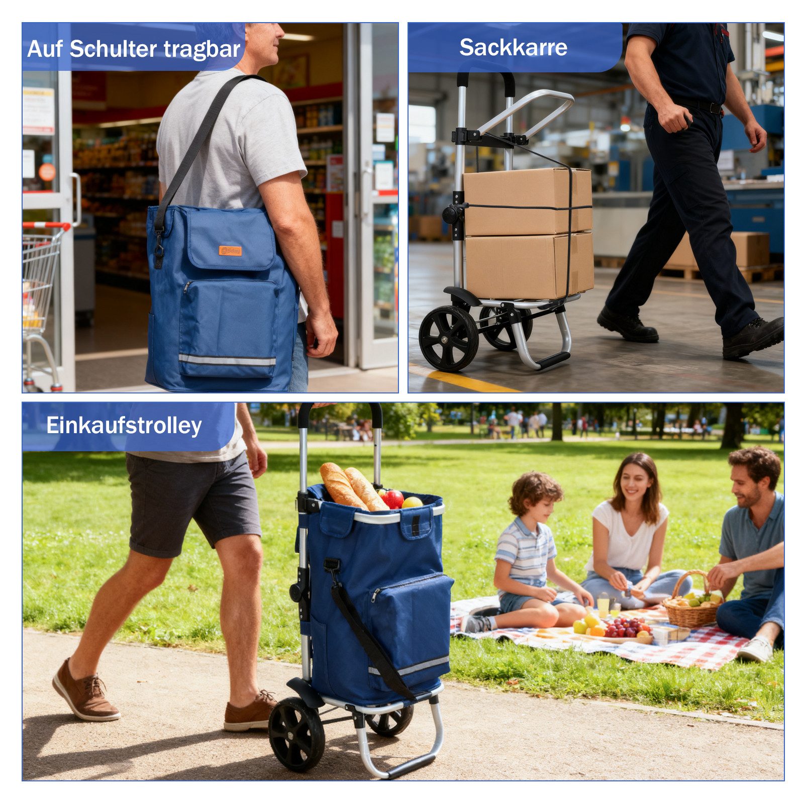 Sekey Einkaufstrolley 3-in-1 mit Kühlfach und Spanngurt, Faltbarer Einkaufswagen 42L & 35kg, 42 l, 3-in-1 Trolley, Sackkarre & Umhängetasche, Ideal für Einkäufe – Bild 5 von 5