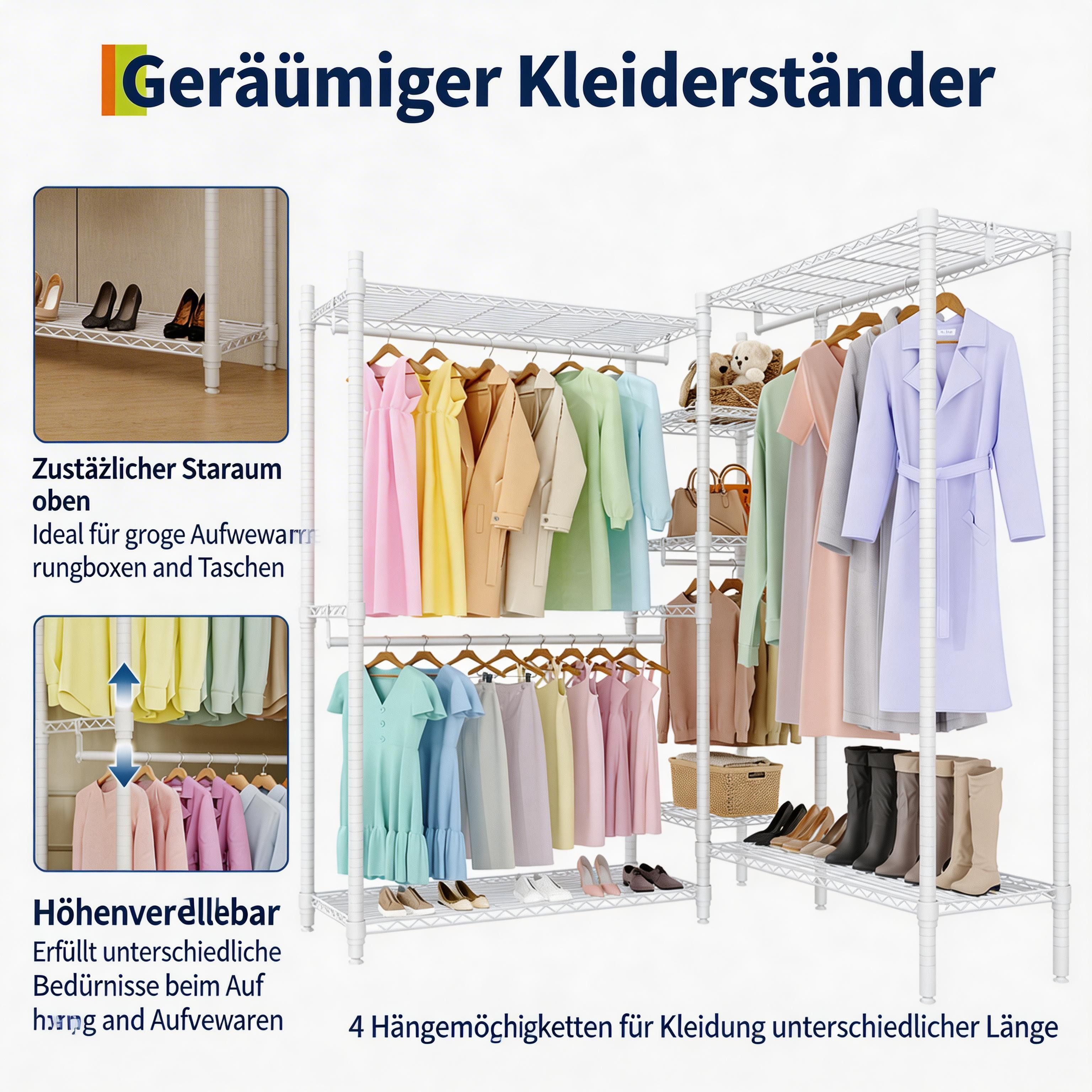 GarveeMore Kleiderständer Hangende Metall Kleidungshalter offen mit 4 Kleiderstangen – Bild 5 von 5
