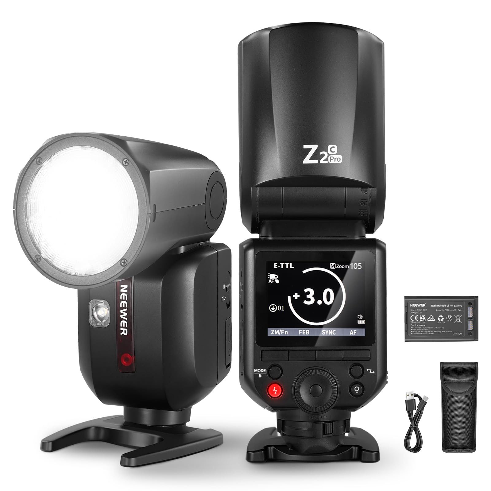 Neewer Z2PRO-C 2.4G TTL Rundkopf Blitz Speedlite für Canon, 76Ws 1/8000s HSS Aufsteckblitz, (TTL/M TCM Schalter, 7.2V/3000mAh, Kompatibel mit Godox, Upgraded UI)
