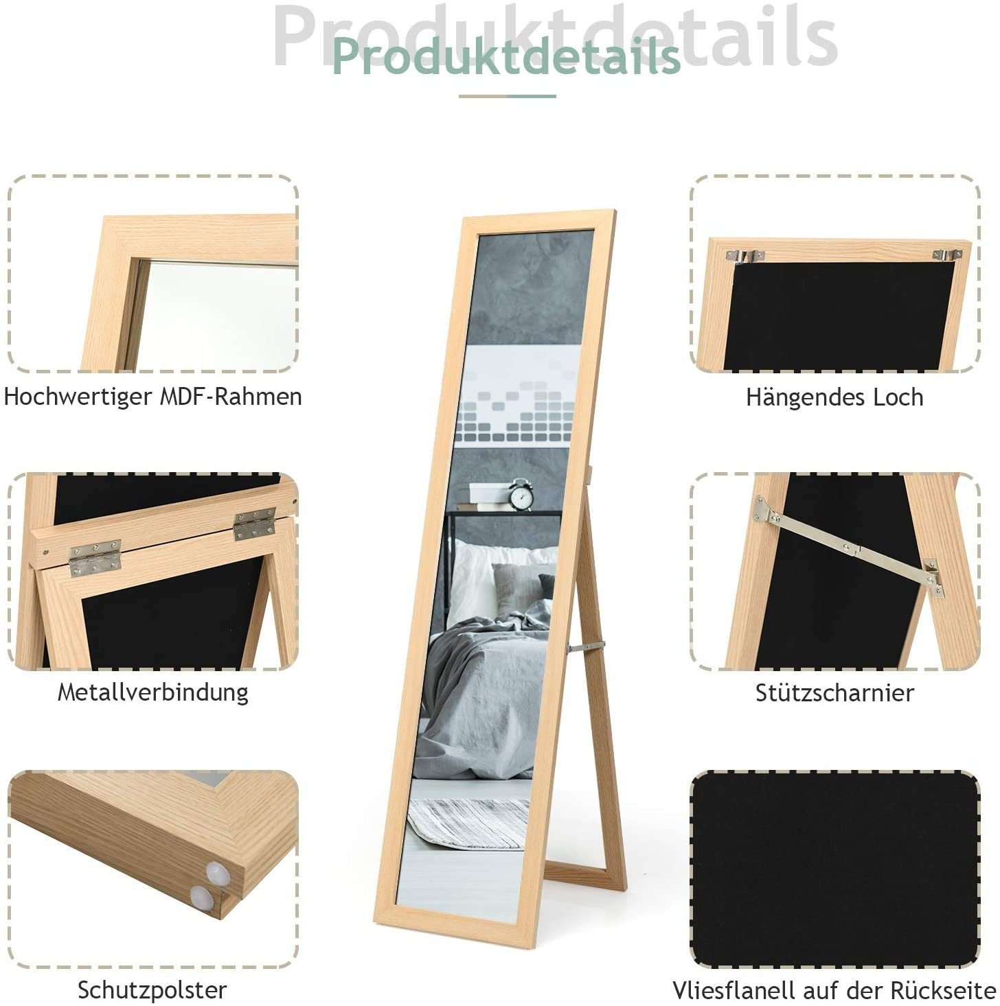 COSTWAY Ganzkörperspiegel, mit klappbarem Holzrahmen, stehend/hängend 37x155cm