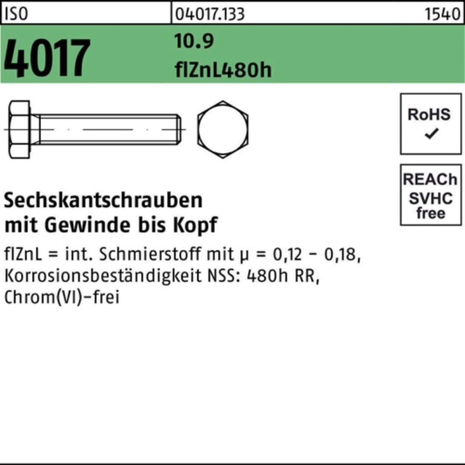 4017 ISO Sechskantschraube zinklamellenb. Pack M10x 50 100er VG 10.9 Bufab Sechskantschraube 1