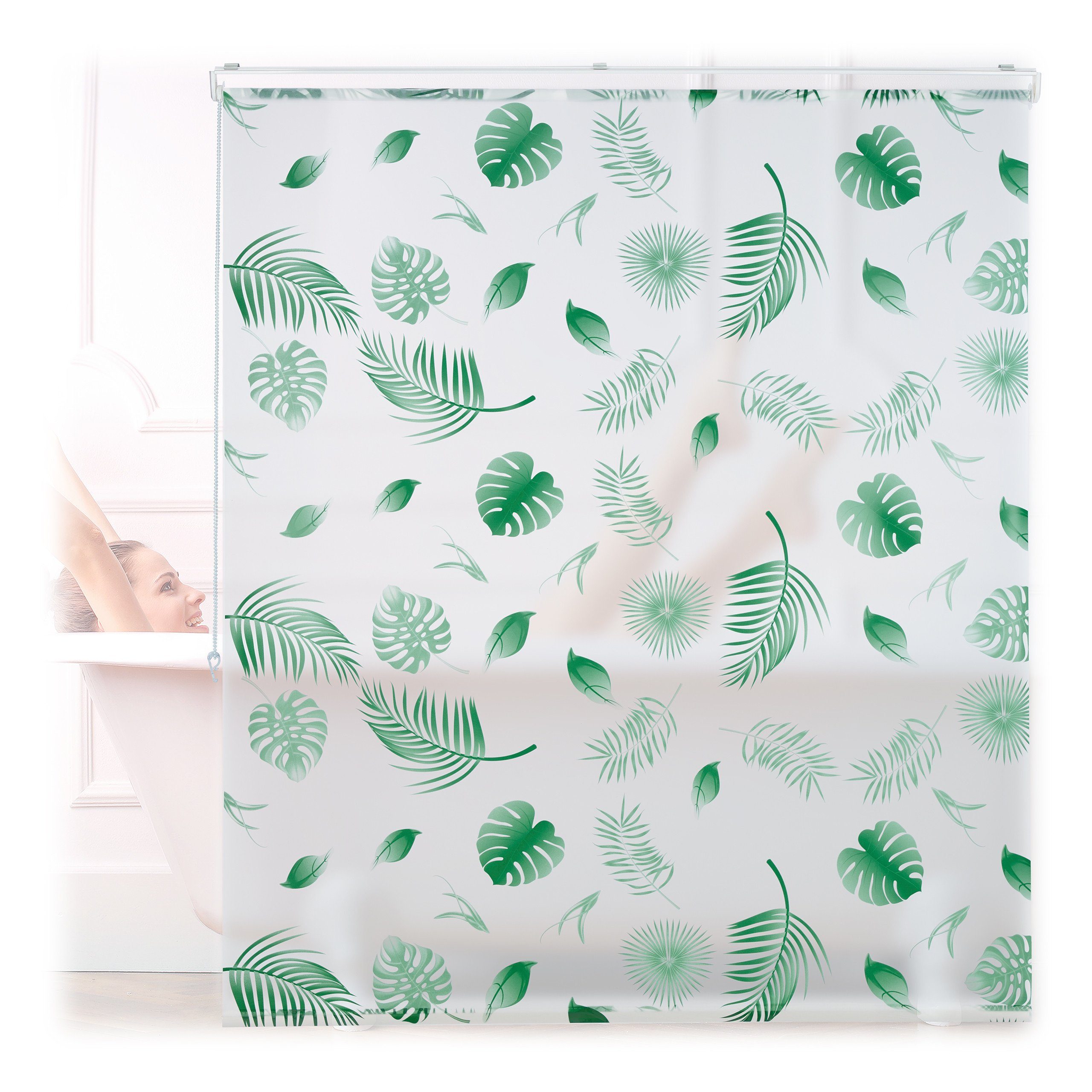 relaxdays Duschrollo Blätter grü Breite 140 cm, 140x240cm