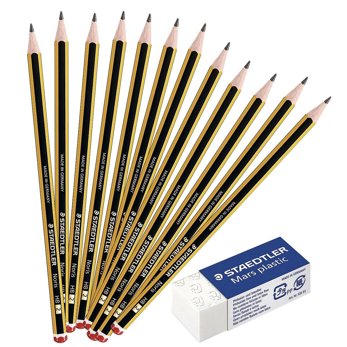 STAEDTLER Bleistift Noris 120, (12-tlg), Aktions-Set inkl. Mini-Radierer, HB (mittelweich), Sechskant