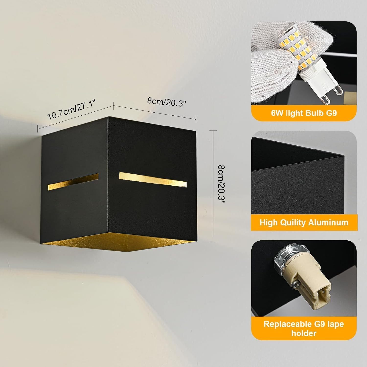Vivitar LED Wandleuchte Wandleuchte Aluminium –2er SET– Wandlampe Schwarz Gold, LED wechselbar, Design Wandbeleuchtung für Wohnzimmer, Schlafzimmer, Flur