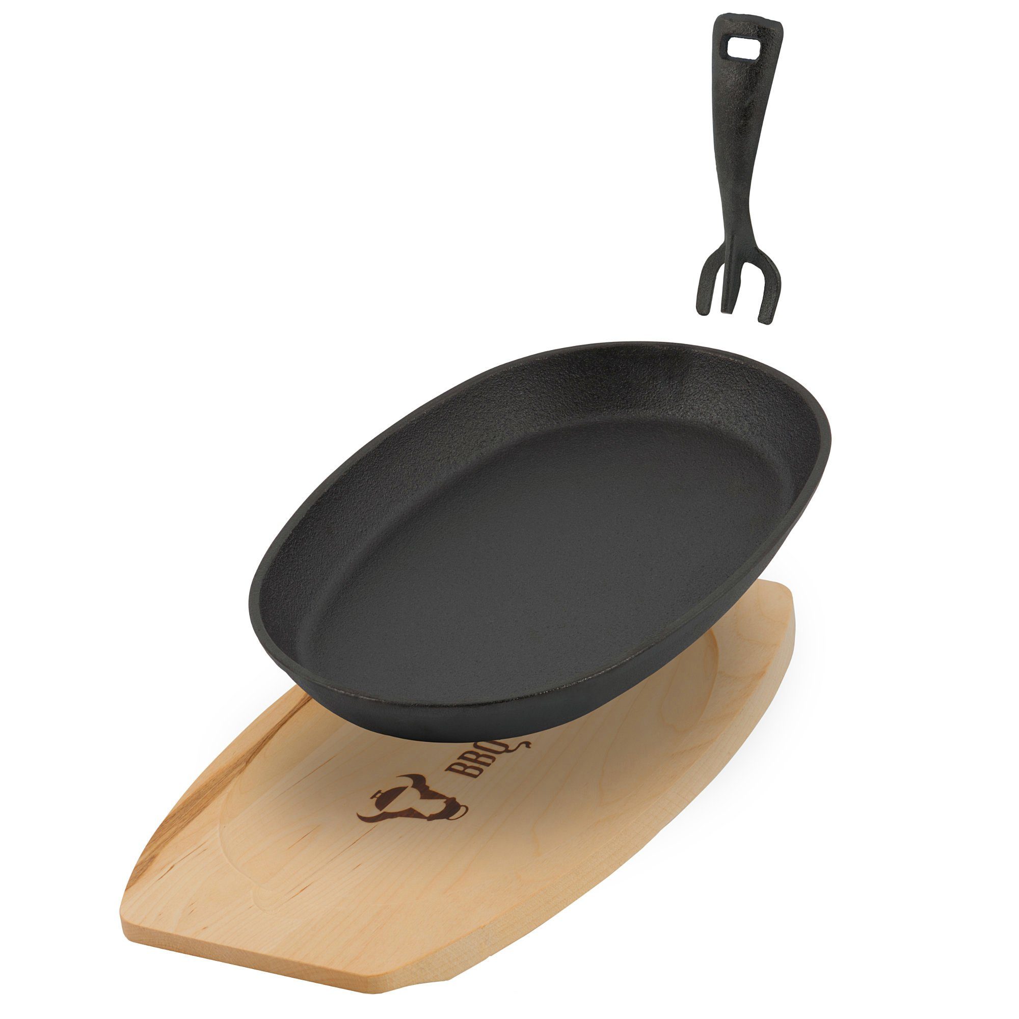 BBQ-Toro Servierpfanne Gusseisen Servierpfännchen mit Holzbrett, 27 x 18 cm - oval, schwarz, Gusseisen (3-tlg)