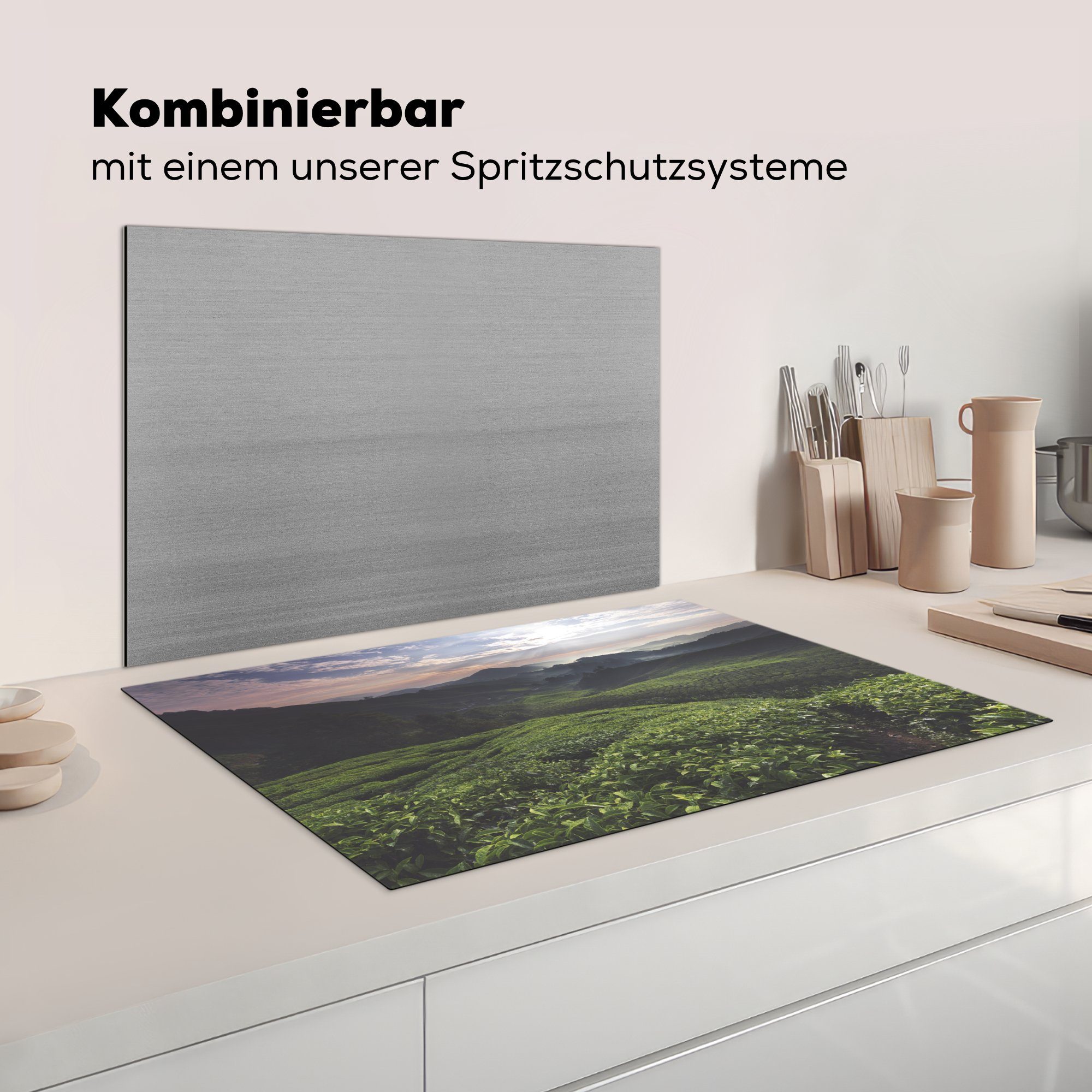 MuchoWow Herdblende-/Abdeckplatte Sonnenaufgang (1 81x52 Induktionskochfeld Ceranfeldabdeckung cm, Vinyl, tlg), die der für küche, Teeplantage, Schutz über