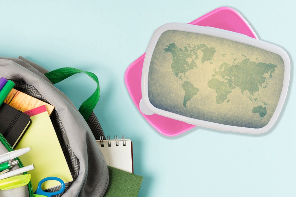 Kinder Grün Lunchbox - für Kunststoff - Mädchen, rosa Snackbox, Kinder, - (2-tlg), Erwachsene, Mädchen, Weltkarte Kunststoff, Brotdose Jungen - Globus MuchoWow - Brotbox