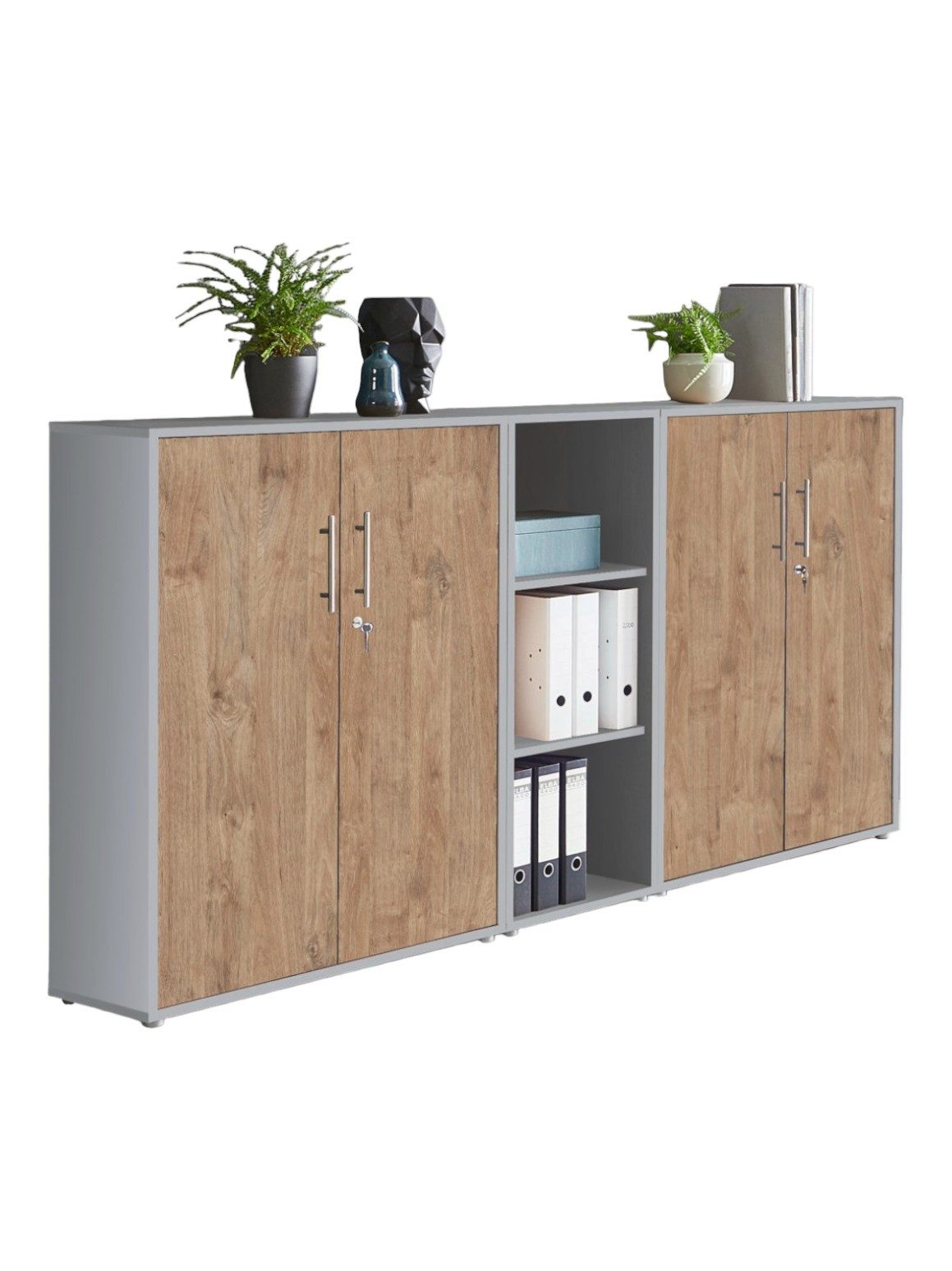BMG Möbel Aktenschrank Office Edtion (Set 8 Lichtgrau/ Gold Harbor Oak, Büroschrank abschließbar mit Metallgriffen) Made in Germany