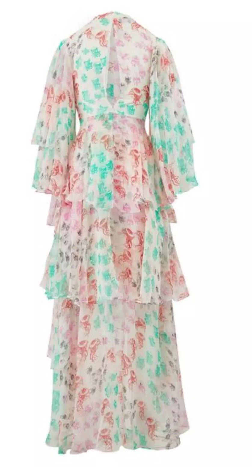 Rochas Maxikleid Seidenkleid S lockere Passform, V-Ausschnitt, kurze Ärmel, Rüschendetails