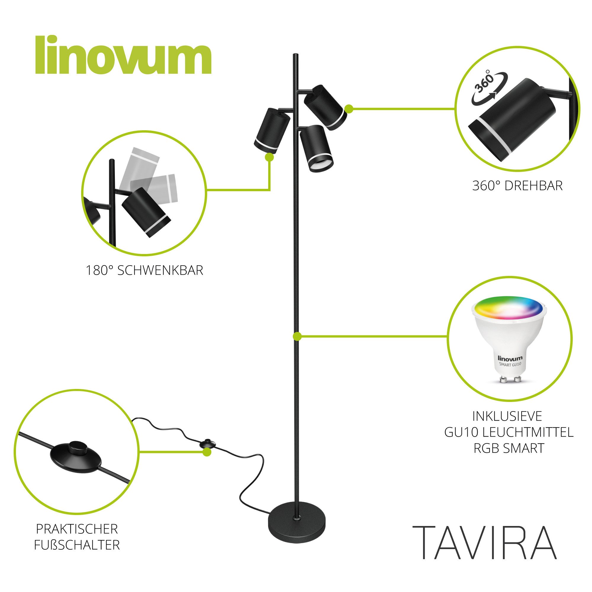 linovum LED Spiegelleuchte Stehleuchte TAVIRA mit GU10 Lampen Smart WIFI RGB WLAN Bodenlampe Spot, Smart