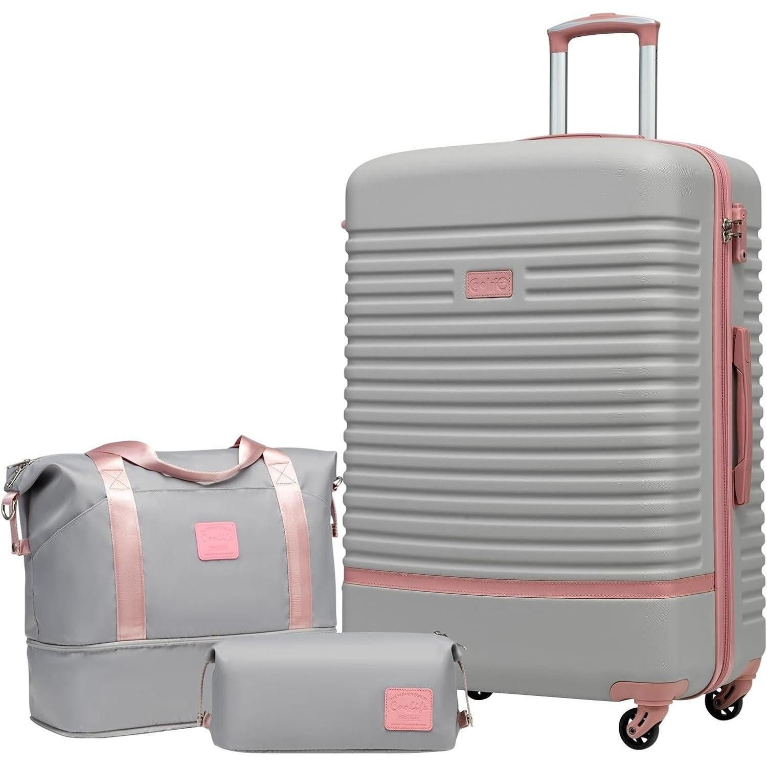 LuxusKollektion Kofferset Trolley Koffer Set 3tlg Grau/Rosa ABS Hartschalen TSA-Schloss 4 Rollen