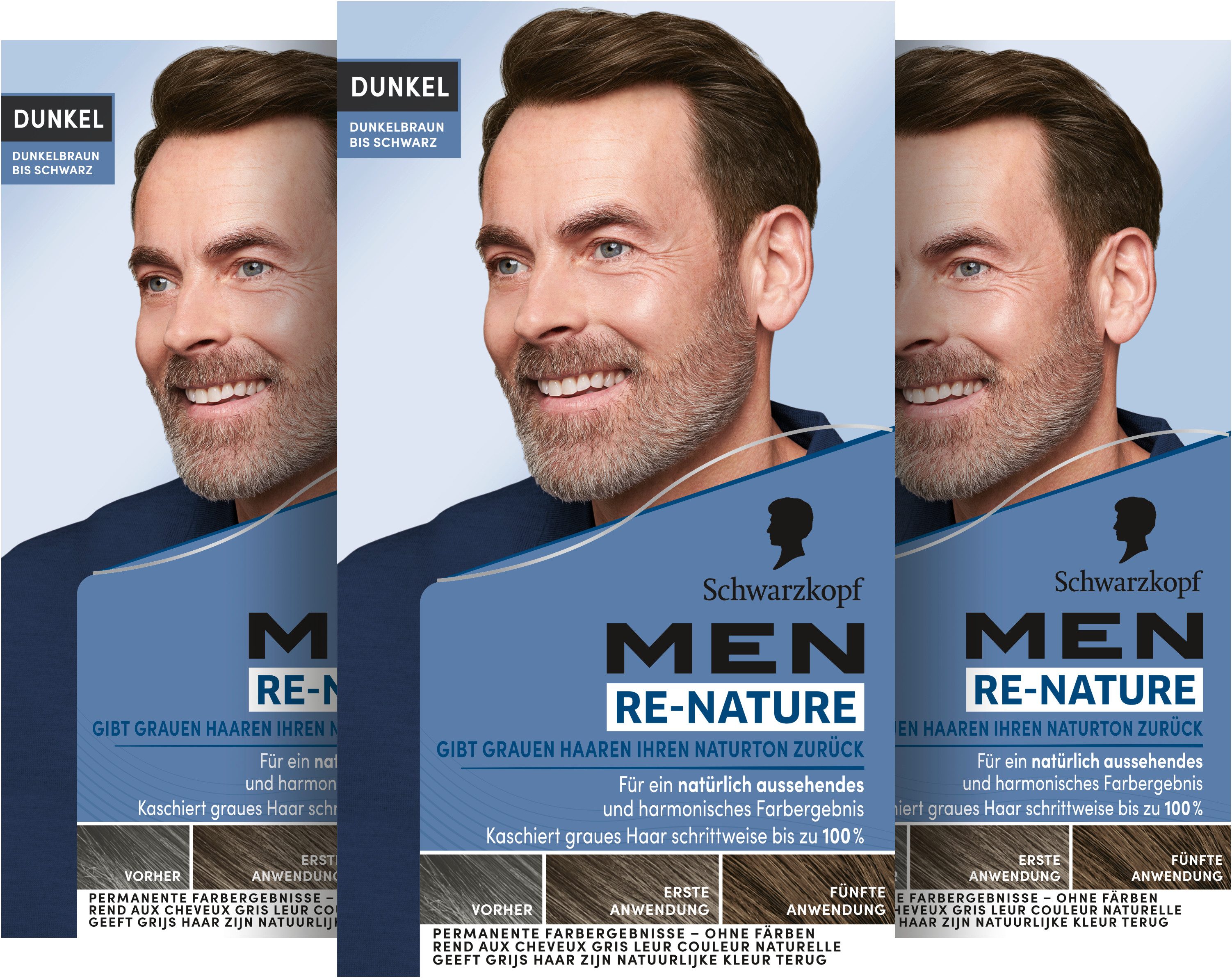 Schwarzkopf Haarfarbe MEN RE-NATURE Naturton Dunkel Dunkelbraun bis Schwarz 3 x 145ml, Spar-Pack, 3-tlg., Stellt ohne Haare färben die Naturhaarfarbe wieder her