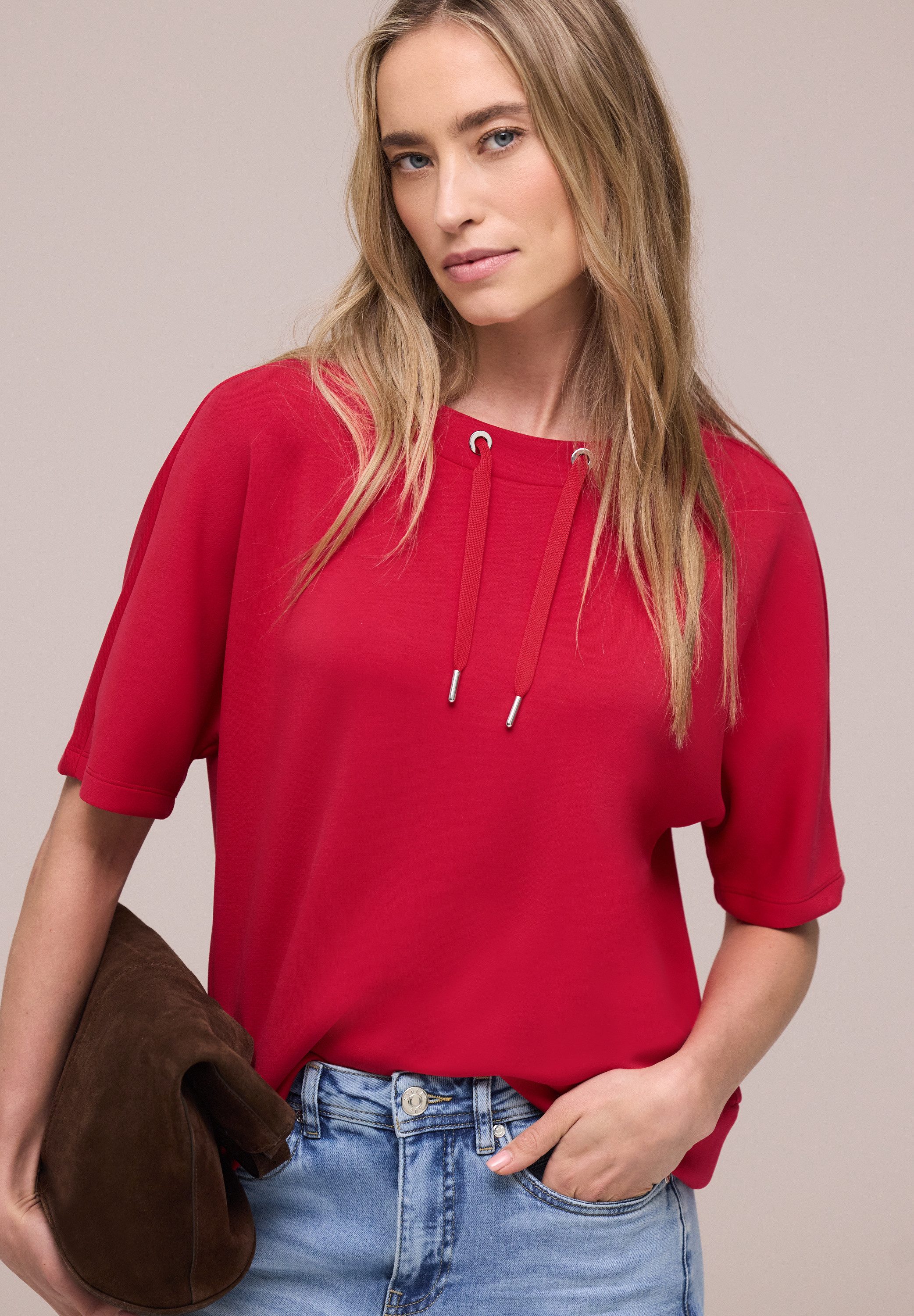 STREET ONE Sweatshirt Halbarm Silk-Look Shirt mit Kordelzug