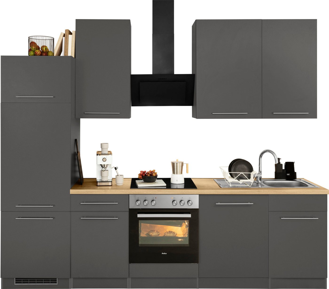 wiho Küchen Küchenzeile Unna, mit E-Geräten, Breite 280 cm grau