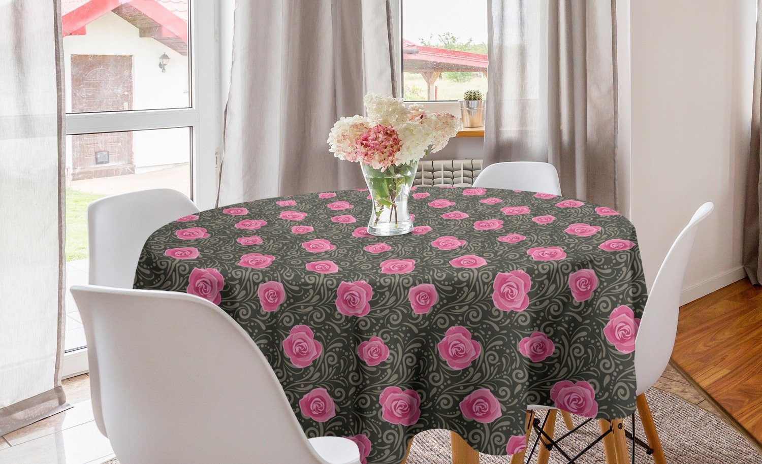 Abakuhaus Tischdecke Kreis Tischdecke Abdeckung für Esszimmer Küche Dekoration, Dunkelpink Charming Aufwändige Roses