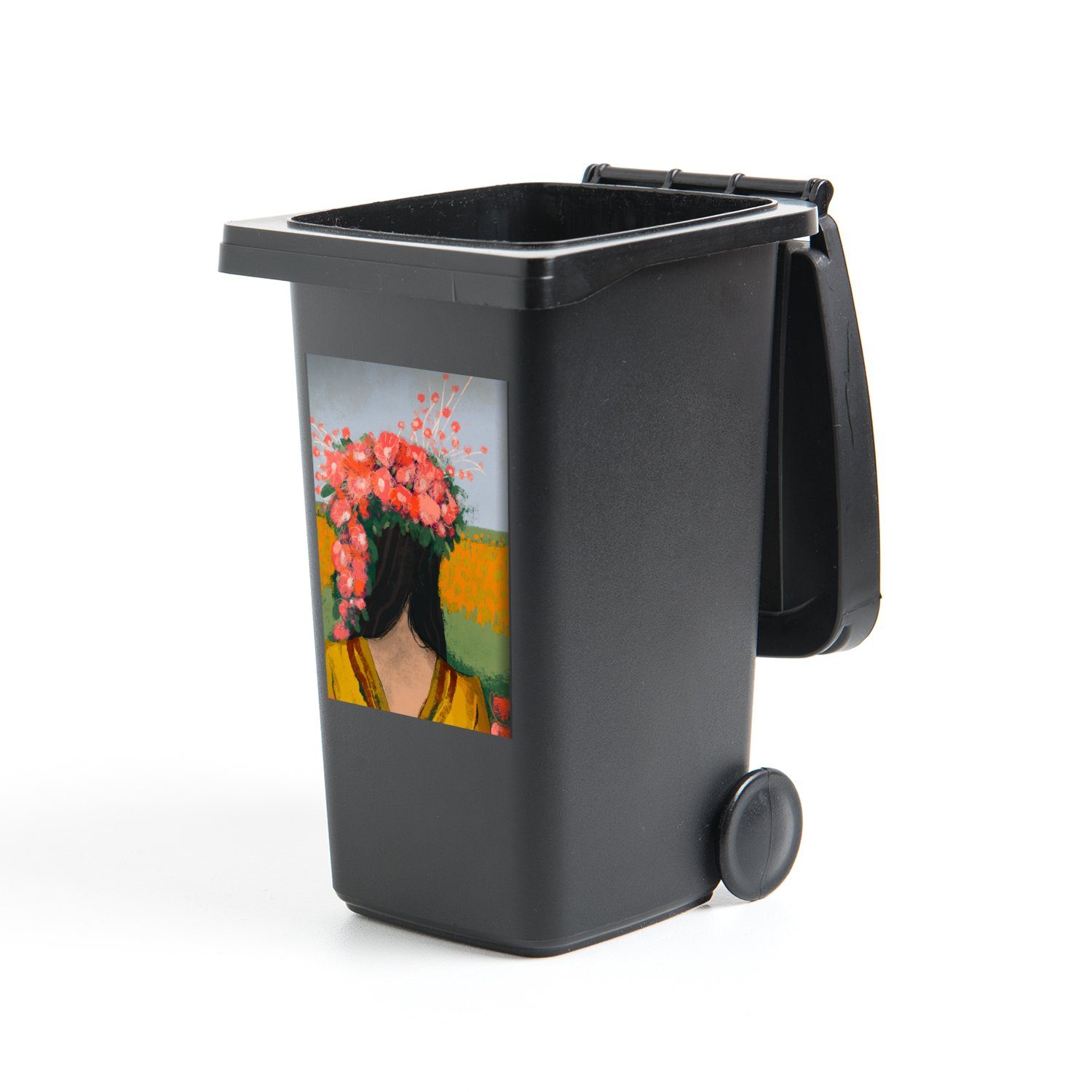 MuchoWow Wandsticker Porträt - Blumen - Frau - Rot (1 St), Mülleimer-aufkleber, Mülltonne, Sticker, Container, Abfalbehälter
