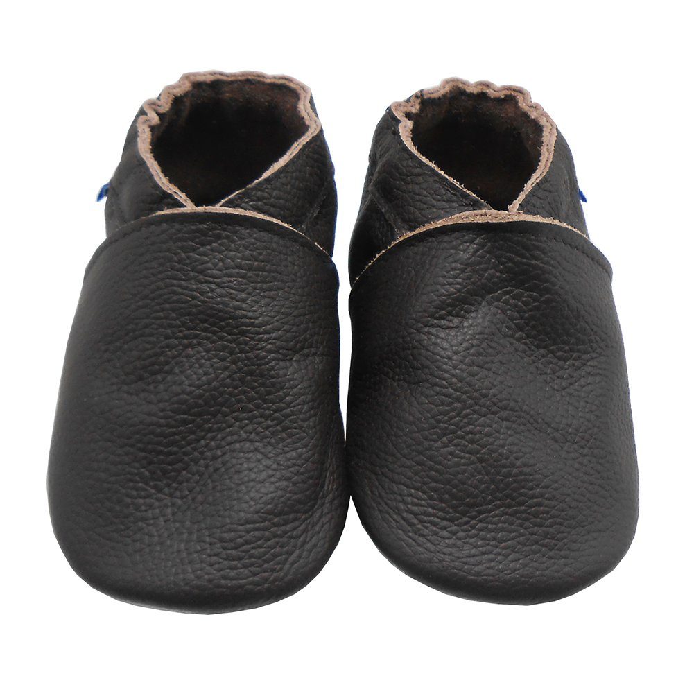 Yalion Weiche Leder Lauflernschuhe Hausschuhe Lederpuschen Dunkelbraun 100% Leder Krabbelschuh