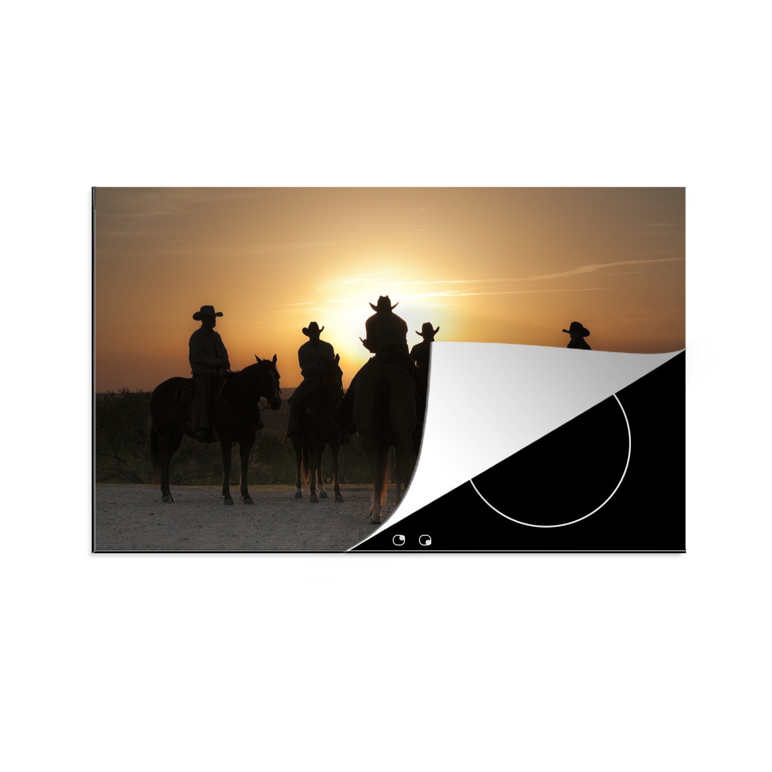 MuchoWow Herdblende-/Abdeckplatte Eine Gruppe von Cowboys bei Sonnenuntergang, Vinyl, (1 tlg), 83x51 cm, Ceranfeldabdeckung, Arbeitsplatte für küche