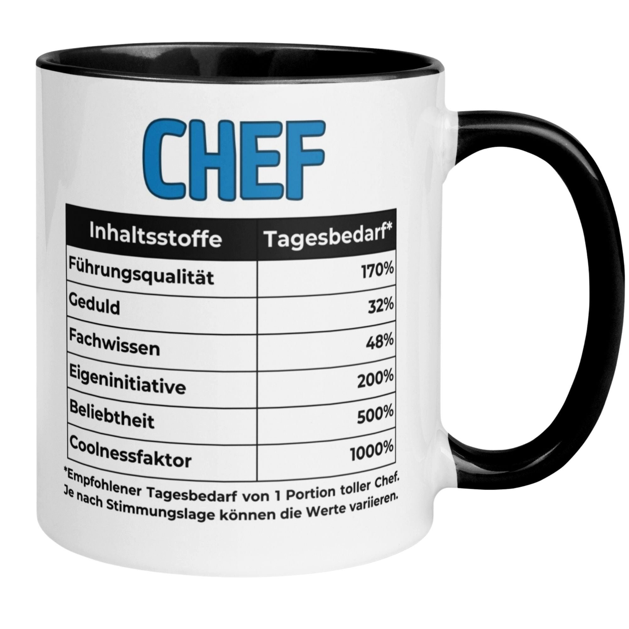 Momentals Tasse Geschenk Bester Chef – „Inhaltsstoffe - Führungsqualität und Coolness“, Beidseitiger Druck · Links- & Rechtshänder · Spülmaschinenfest