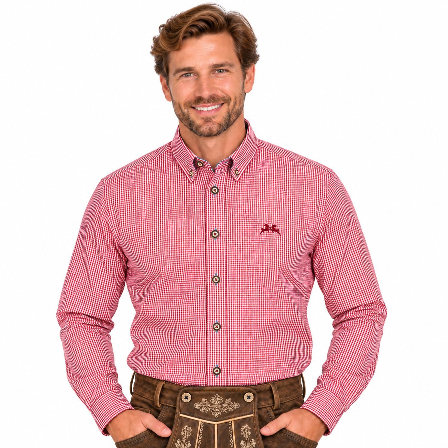 Maddox Trachtenhemd Kariertes Herrenhemd mit Hirsch Stickerei, Rot