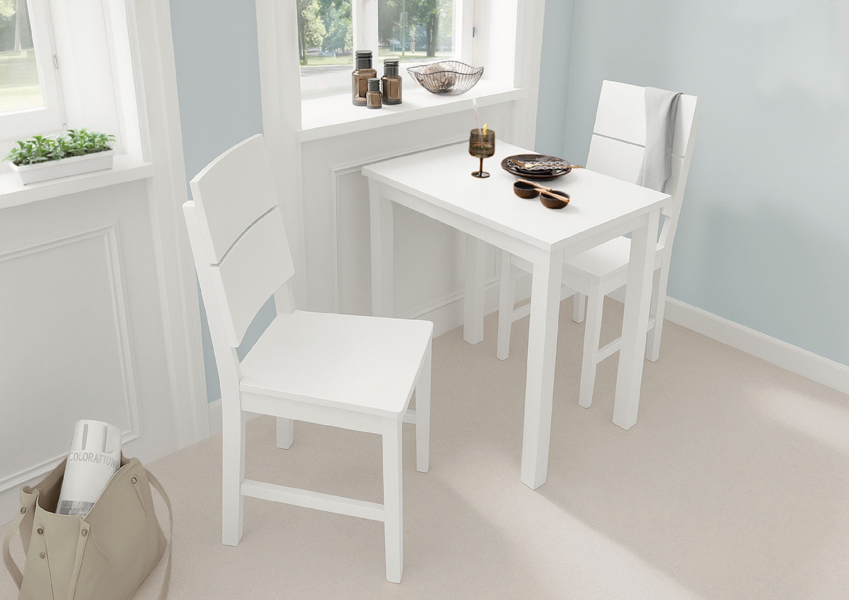Woodroom Essgruppe Kota, (aus Hevea Massivholz, lackiert, Esstisch 50x70cm mit 2 Stühlen), Stuhl-Set und Tischgruppe für Esszimmer