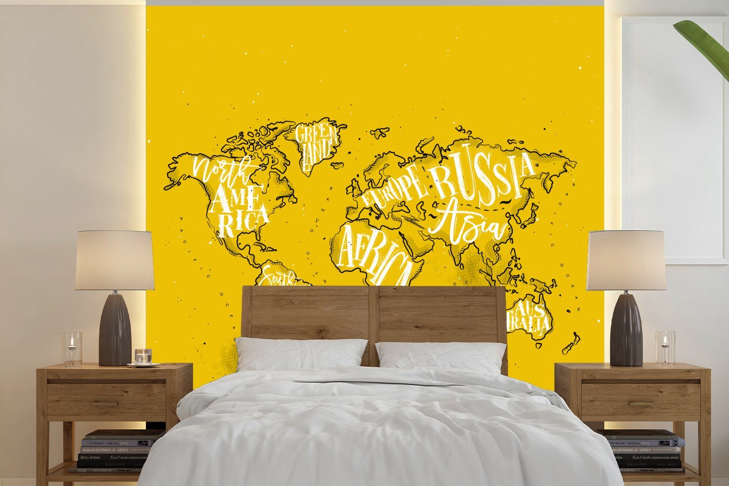 MuchoWow Fototapete Weltkarte - Gelb - Weiß - Buchstaben, Matt, bedruckt, (4 St), Vliestapete für Wohnzimmer Schlafzimmer Küche, Fototapete