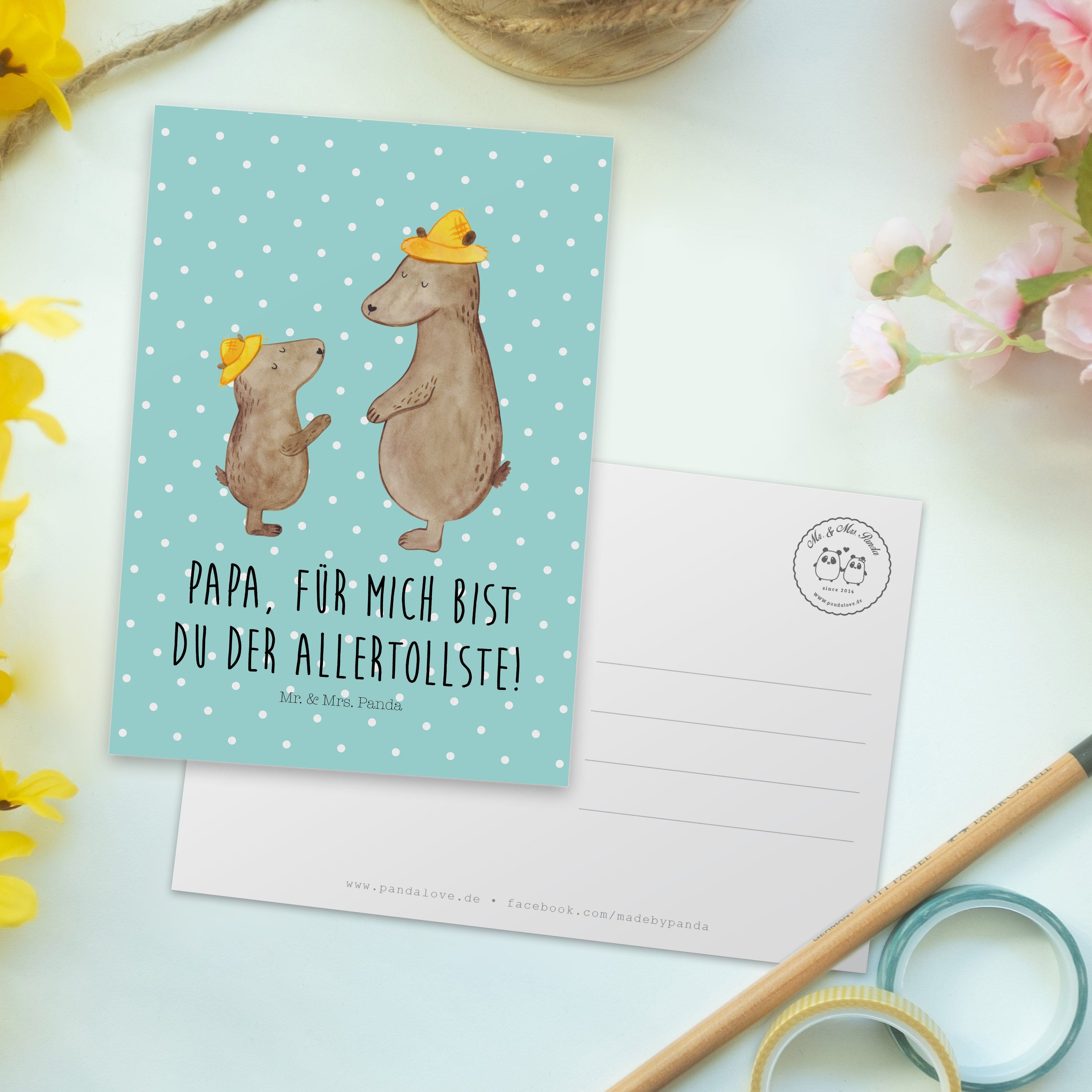 Paps, Geschenk, Hut Panda - Bären - Ansichtska & Vatertag, Mrs. Postkarte Mr. mit Pastell Türkis