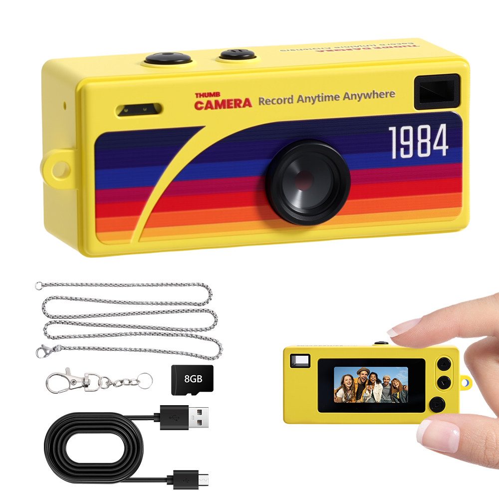 Pdgrid Retro Mini Daumenkamera 1080P mit Blitzlicht & 8GB TF-Karte Kompaktkamera (tragbar Kids Kamera, Schlüsselanhänger Digitalkamera, 1080 MP, 4 Filter mit Type-C, Tragbare Kleinkamera für Alltag Reisen Geschenk)