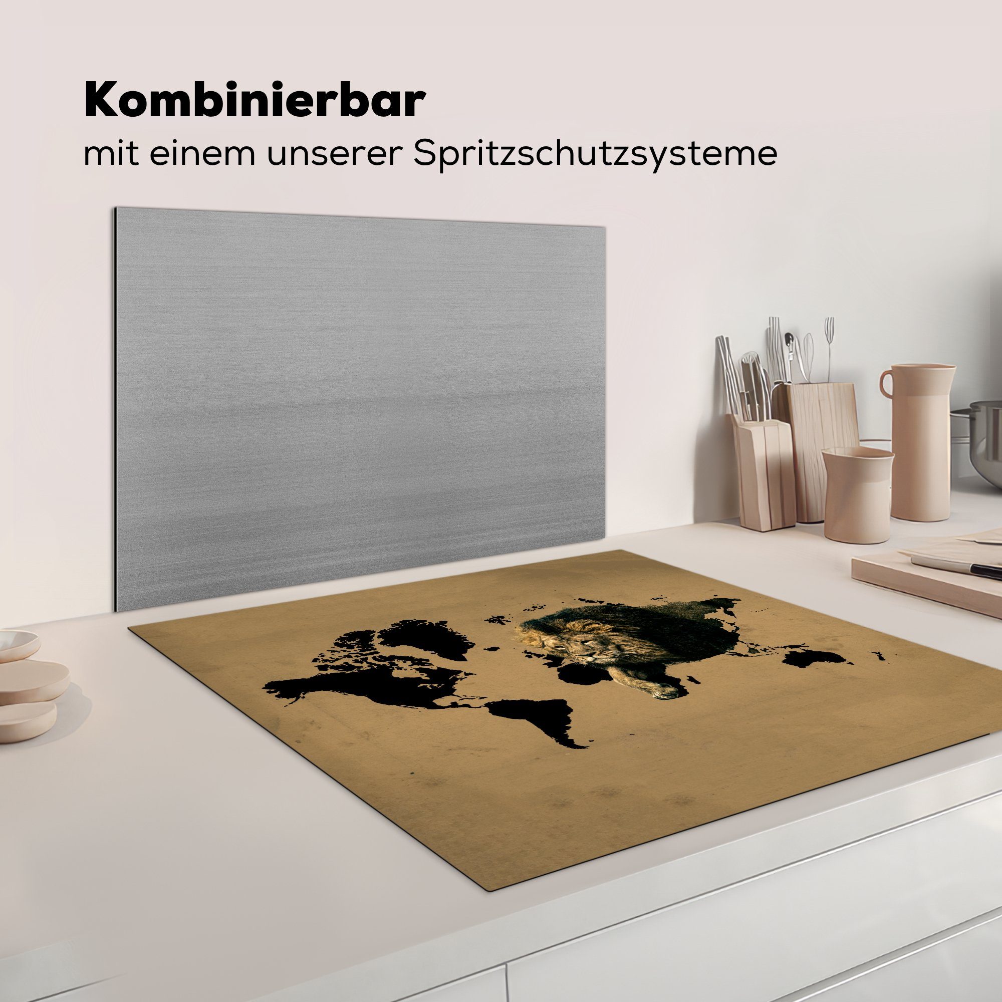 - für Herdblende-/Abdeckplatte - Ceranfeldabdeckung, Vinyl, tlg), (1 Braun, Löwe cm, küche MuchoWow Arbeitsplatte Weltkarte 78x78