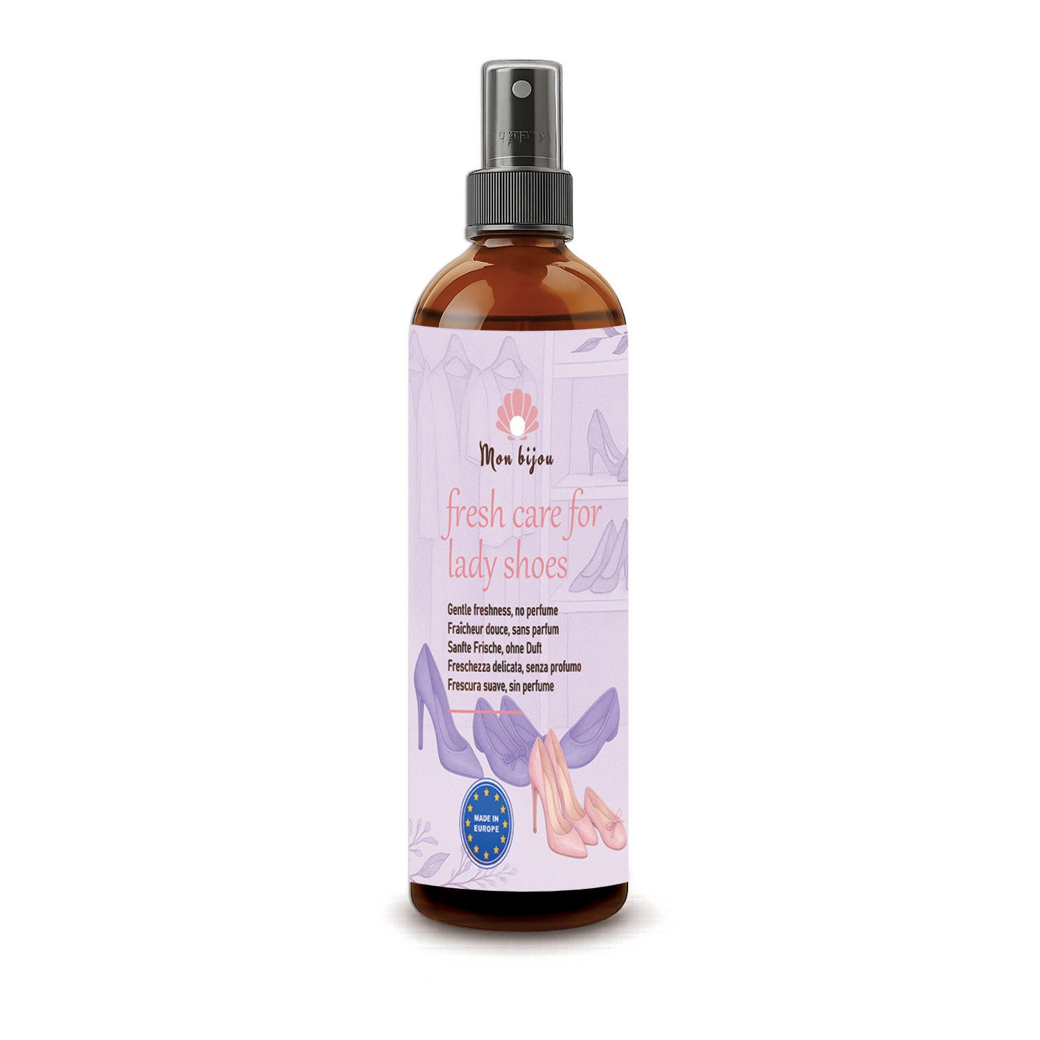Mon Bijou Geruchsentferner für Damenschuhe natürliches Schuhdeo Spray ohne Chemie oder Duftstoffe (kompakte 100ml-Flasche, Geruchsneutralisierer für feminine Schuhe und empfindliche Füße), Probiotisches veganes Schuhspray gegen Fußgeruch & Schweiß