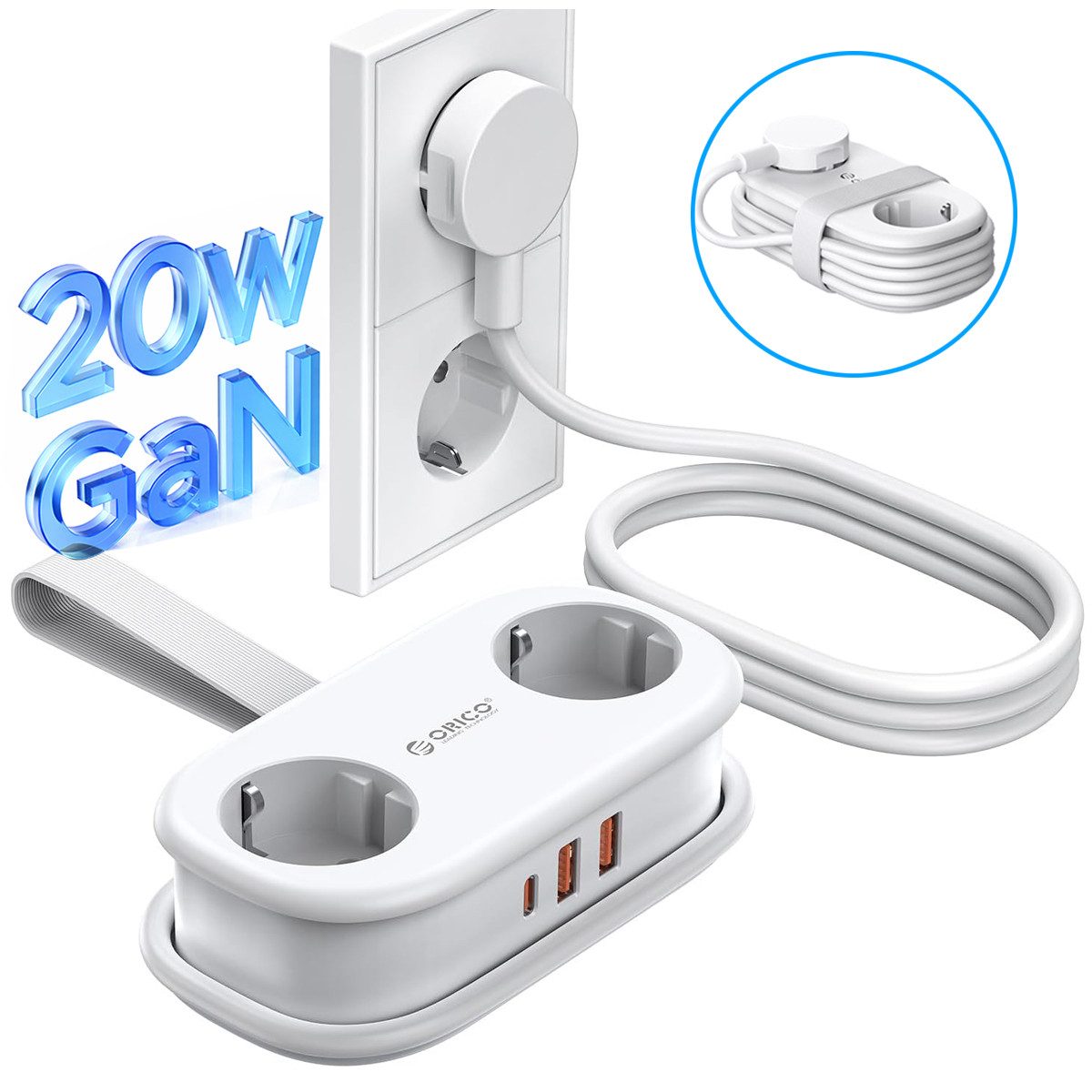 ORICO Steckdose AP3 20W Reisesteckdosenleiste mit USB-C PD, 1,5 m Kabel – kompakt für Reise & Home Office, 1-St., 2 Steckdosen & 3 USB-Anschlüssen, für Haushalt, Büro & Reise