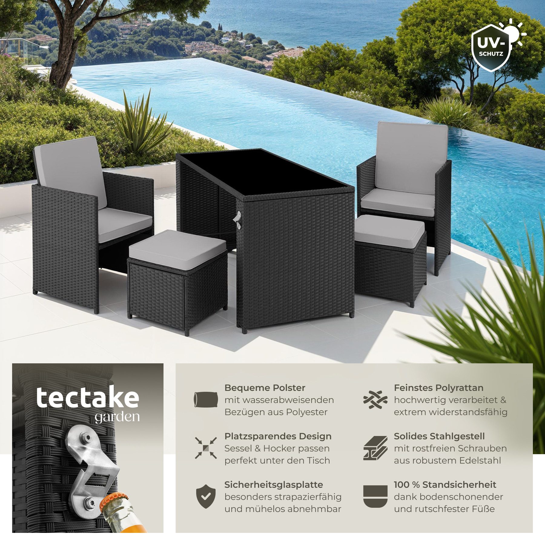 tectake Sitzgruppe Rattan-Gartenlounge für 2 bis 4 Personen, inklusive Flaschenöffner, (Loungeset Palermo, 5-tlg., für Außen in Schwarz/Grau), widerstandsfähig, UV-beständig, mit Sicherheitsglasplatte