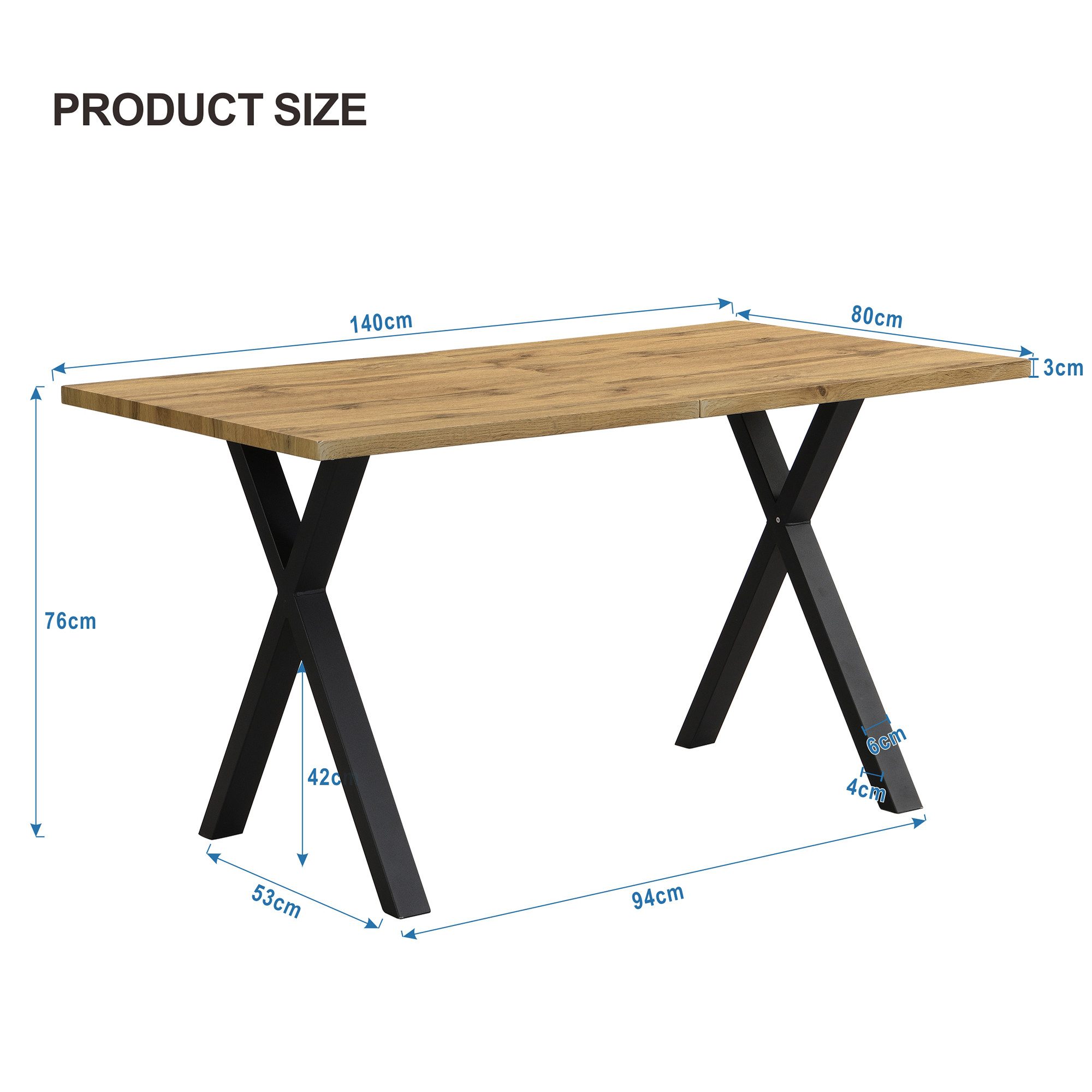 KLAM HOME Esstisch Moderner Esstisch Mit Kreuzbein Design In Eiche Und Schwarz (140x80cm Rechteckiger Tisch Aus Schmiedeeisen Und MDF), Vielseitiger Ess- Und Co – Bild 3 von 5
