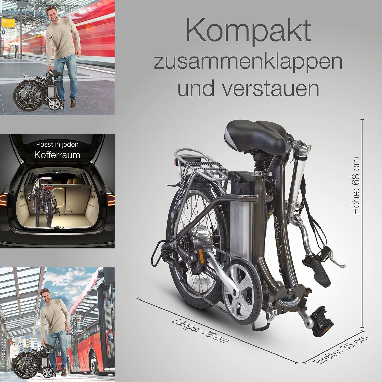 aktivelo Faltrad E-Bike Klapprad, 20 Zoll, klappbares Fahrrad für Damen und Herren, 6 Gang, Kettenschaltung, mit wartungsfreiem 250W Mittelmotor & 5 Unterstützungsstufen