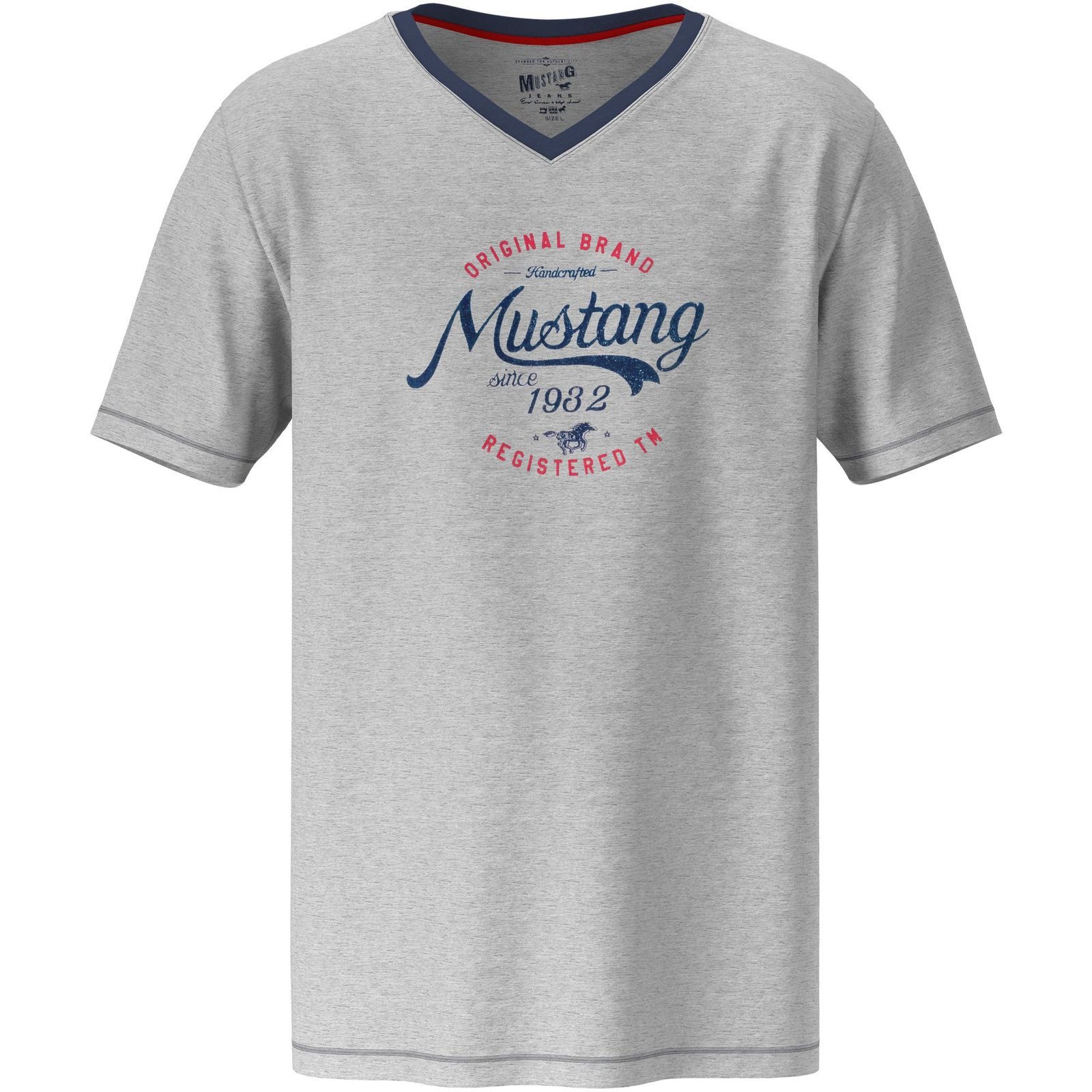 MUSTANG Schlafanzug Pyjama-Set T-Shirt Long Pants lange Hose Schlafkombi Nachtwäsche (2 tlg) Oberteil graumelange, Pants navy – Bild 5 von 5