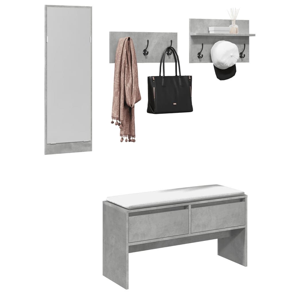 vidaXL Garderoben-Set NA Garderobe Kleiderhaken Spiegel 4-tlg Flurmöbel Set Betongrau Spanpl