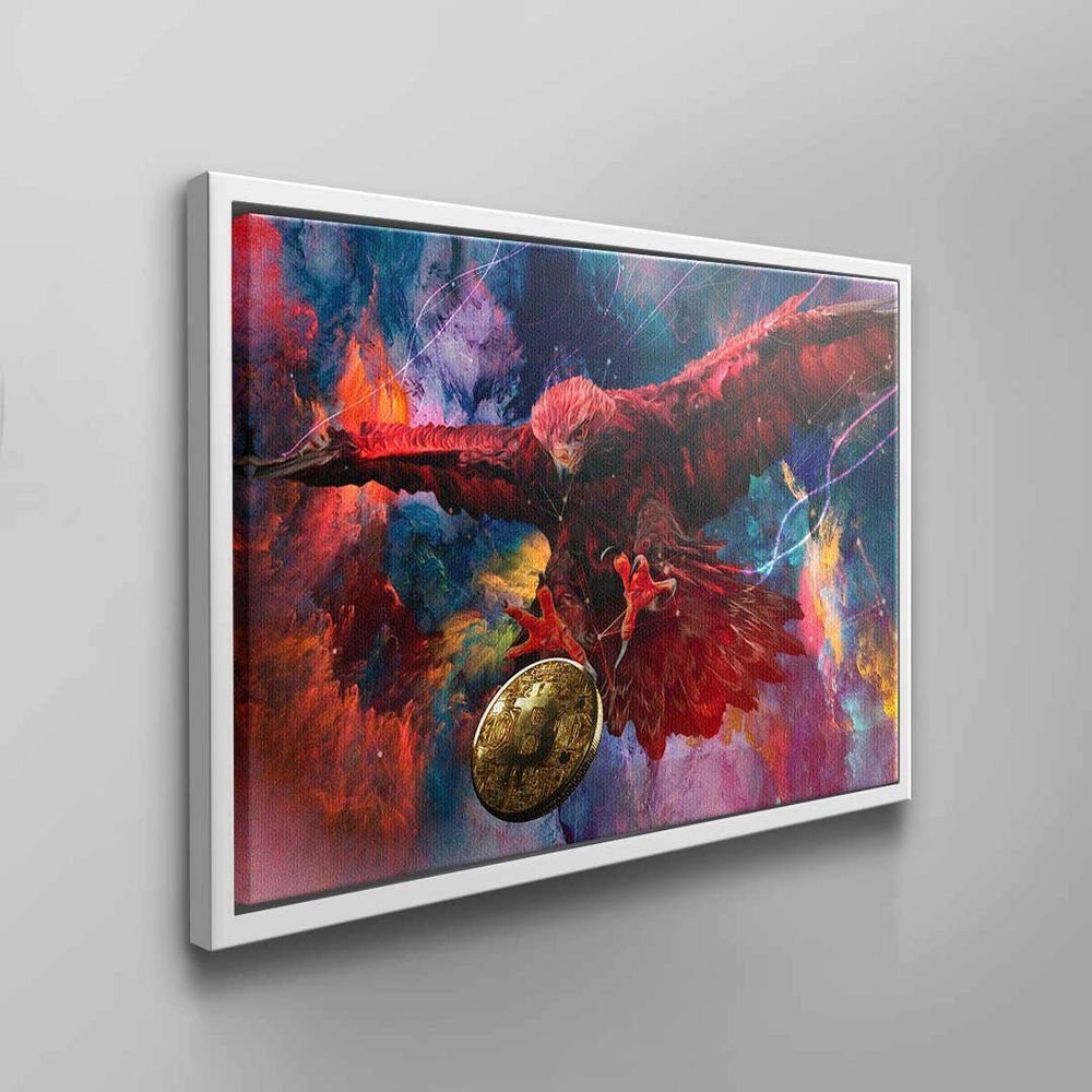 DOTCOMCANVAS® Leinwandbild Bitcoin schwarzer bunt Vogel Rahmen blau Eagle, gold Adler orange Wandbild rot Bitcoi Bitcoin Krypto