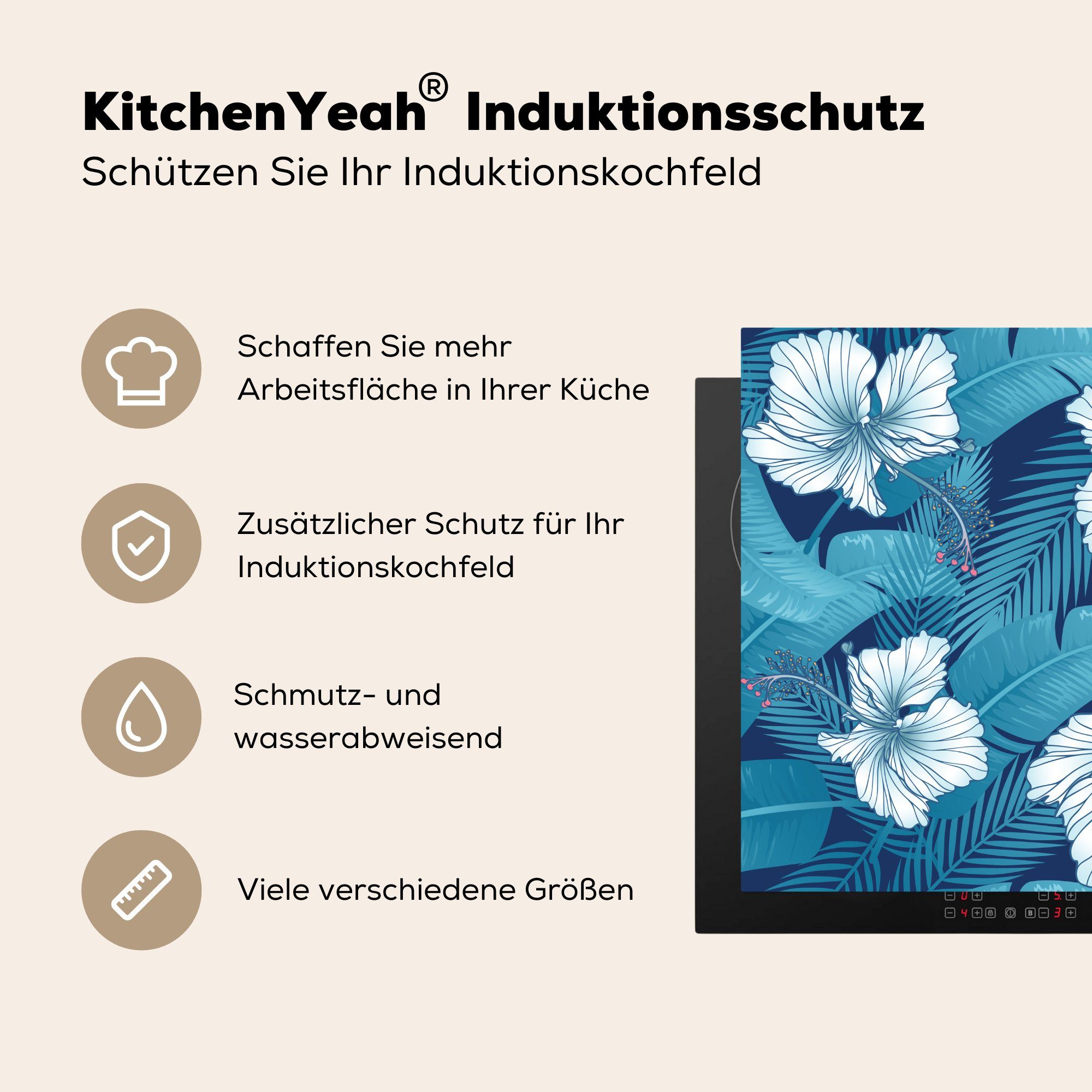 MuchoWow Herdblende-/Abdeckplatte Tropisch für (1 Arbeitsplatte küche tlg), - - Ceranfeldabdeckung, 78x78 Vinyl, Blau, cm, Blumen