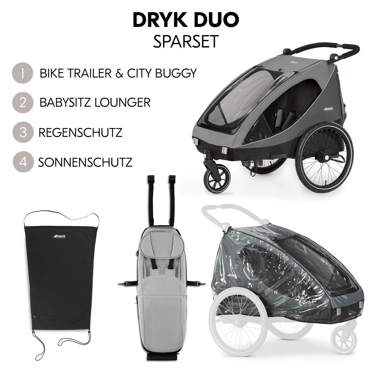 Hauck Fahrradkinderanhänger Dryk Duo - Grey, 2in1 Fahrradanhänger Buggy für 2 Kinder mit Baby Lounger & Schutzpaket – Bild 2 von 5