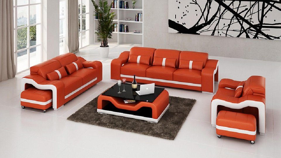 JVmoebel Sofa Designer Sofagarnitur 322 Sitzer Sofa Couch Leder Polster Set Modern Orange/Weiß