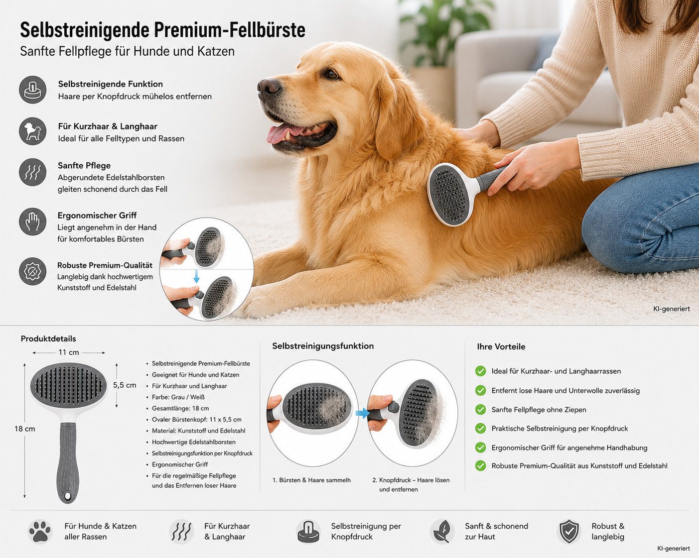 HH-Haushalt Fellbürste Selbstreinigende Hunde- & Katzen-Fellbürste Oval – Edelstahlborsten