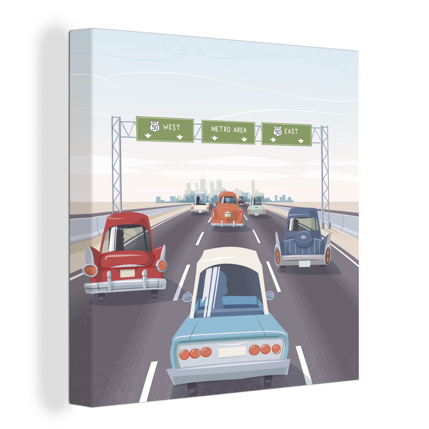 OneMillionCanvasses® Leinwandbild Illustration von amerikanischen Autos auf einem Highway, (1 St), Leinwand Bilder für Wohnzimmer Schlafzimmer