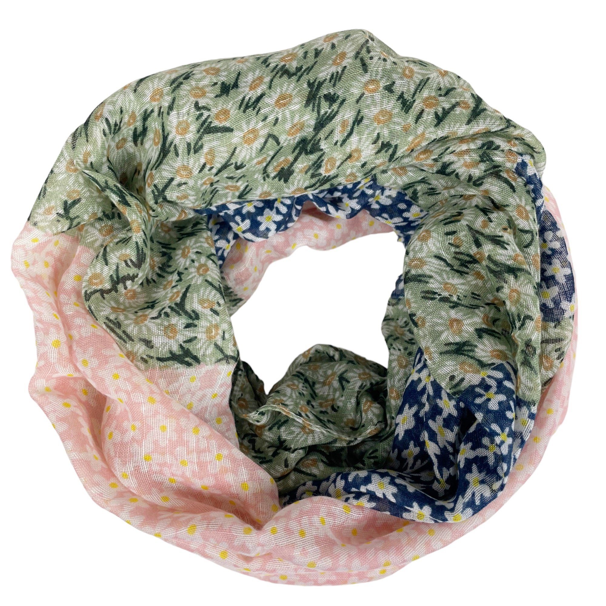 Taschen4life Loop leichter Damen Loop Schal, mit Streublümchen, vintage & modern rosa/grün/blau