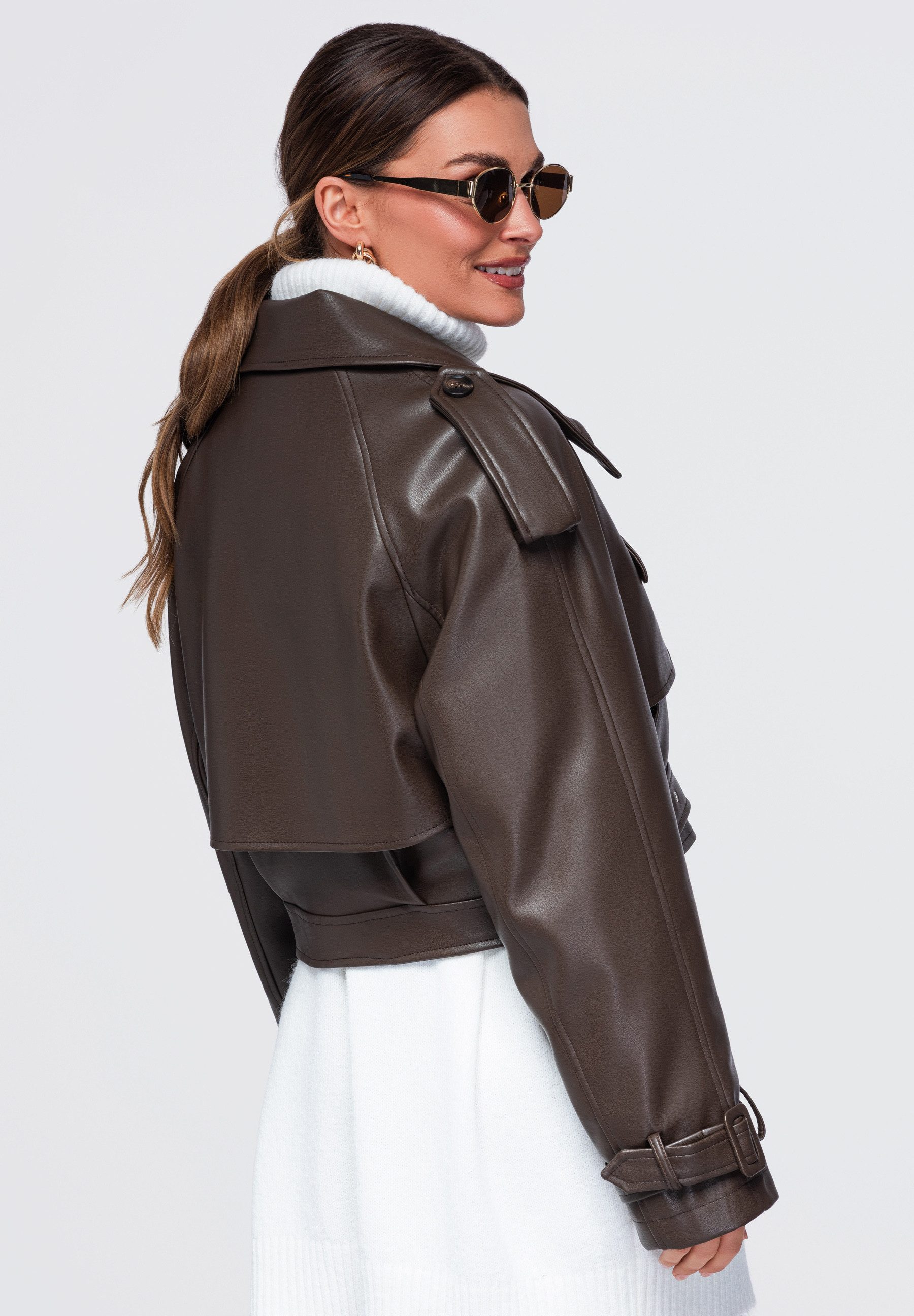 OMBRE Lederimitatjacke Damen Lederimitatjacke mit breiten Klappen und Gürtel Braun ONESIZE (kein Set, 1-St) in Unifarbe