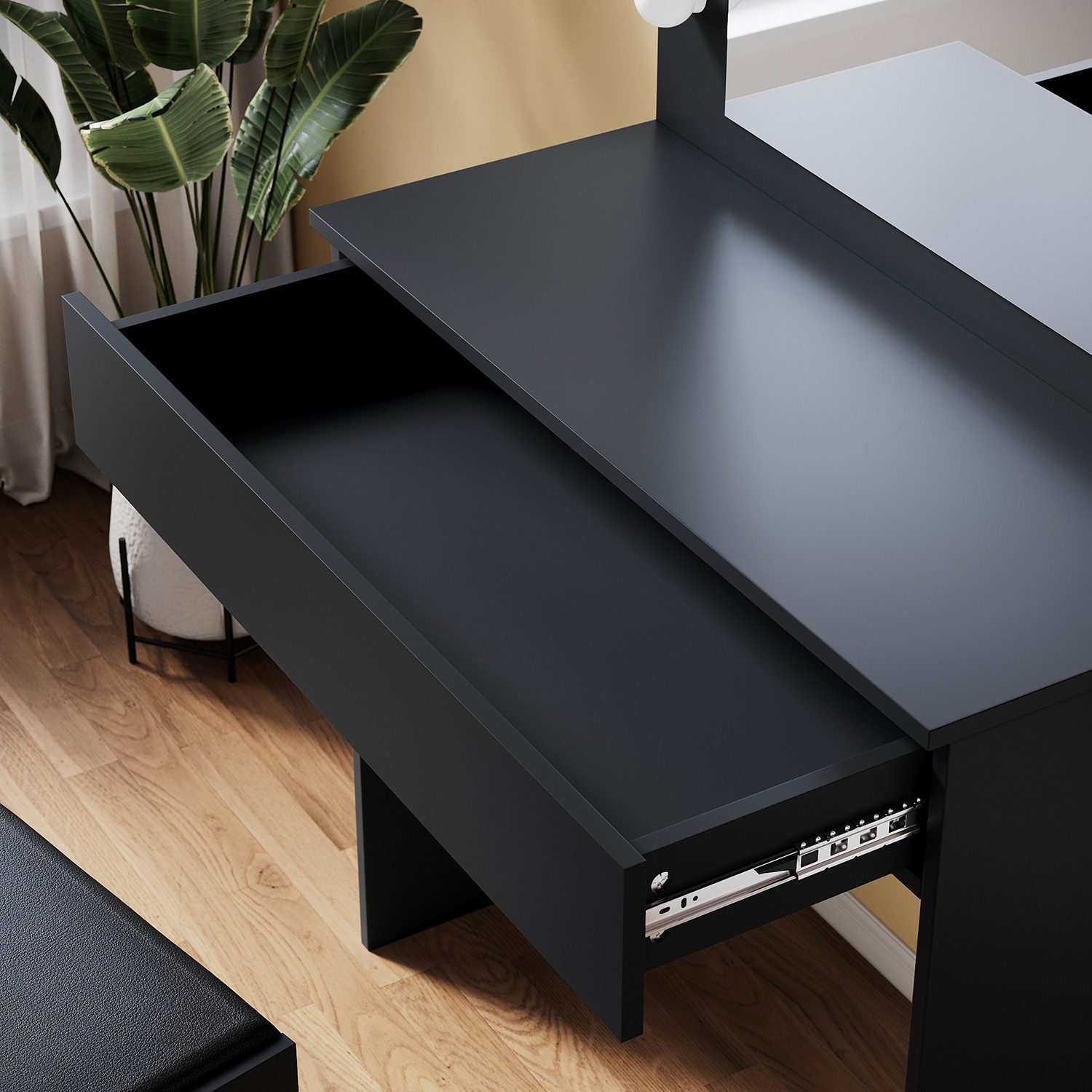 SONNI Schminktisch Moderne schwarze Schminktische, mit Spiegel, Hocker, Schublade,Kosmetiktisch,3 Lichtmodi