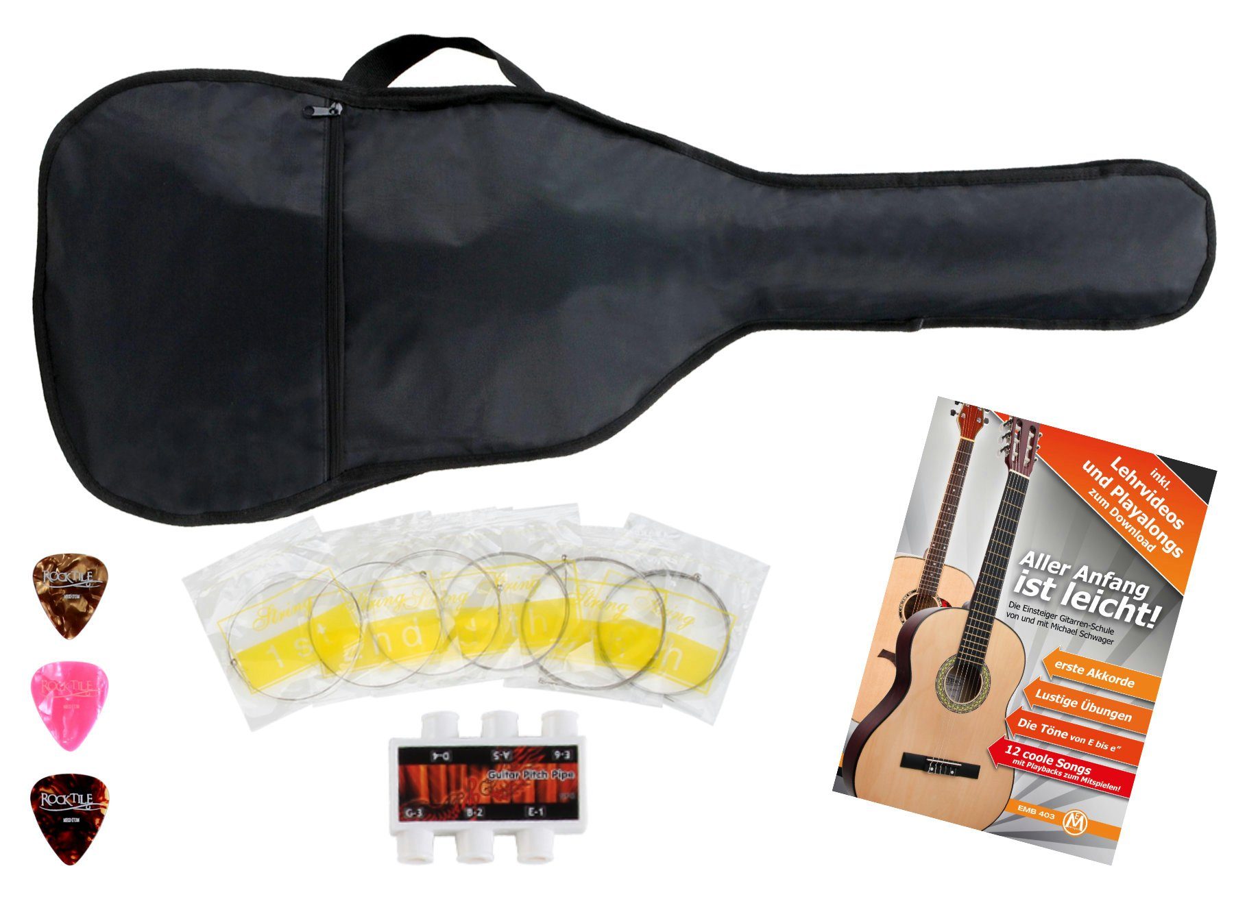 Classic Cantabile Gitarrentasche 5-teiliges Zubehörset für 7/8 und 4/4 Konzertgitarre, Umfangreiches Zubehörset für die Gitarre