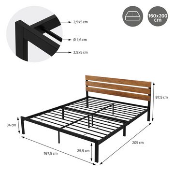 ML-DESIGN Metallbett Bett für Schlafzimmer mit Lattenrost und Holz-Kopfteil Rustikal, Gästebett 160x200 cm Schwarz-Braun Einzelbett Doppelbett